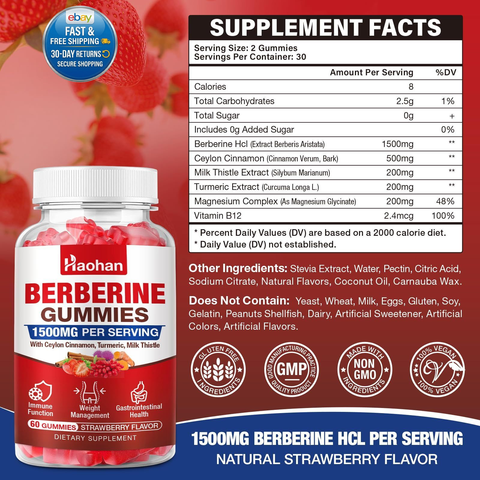 Berberine Gummies, 1500mg High Potency HCl, Ceylon…