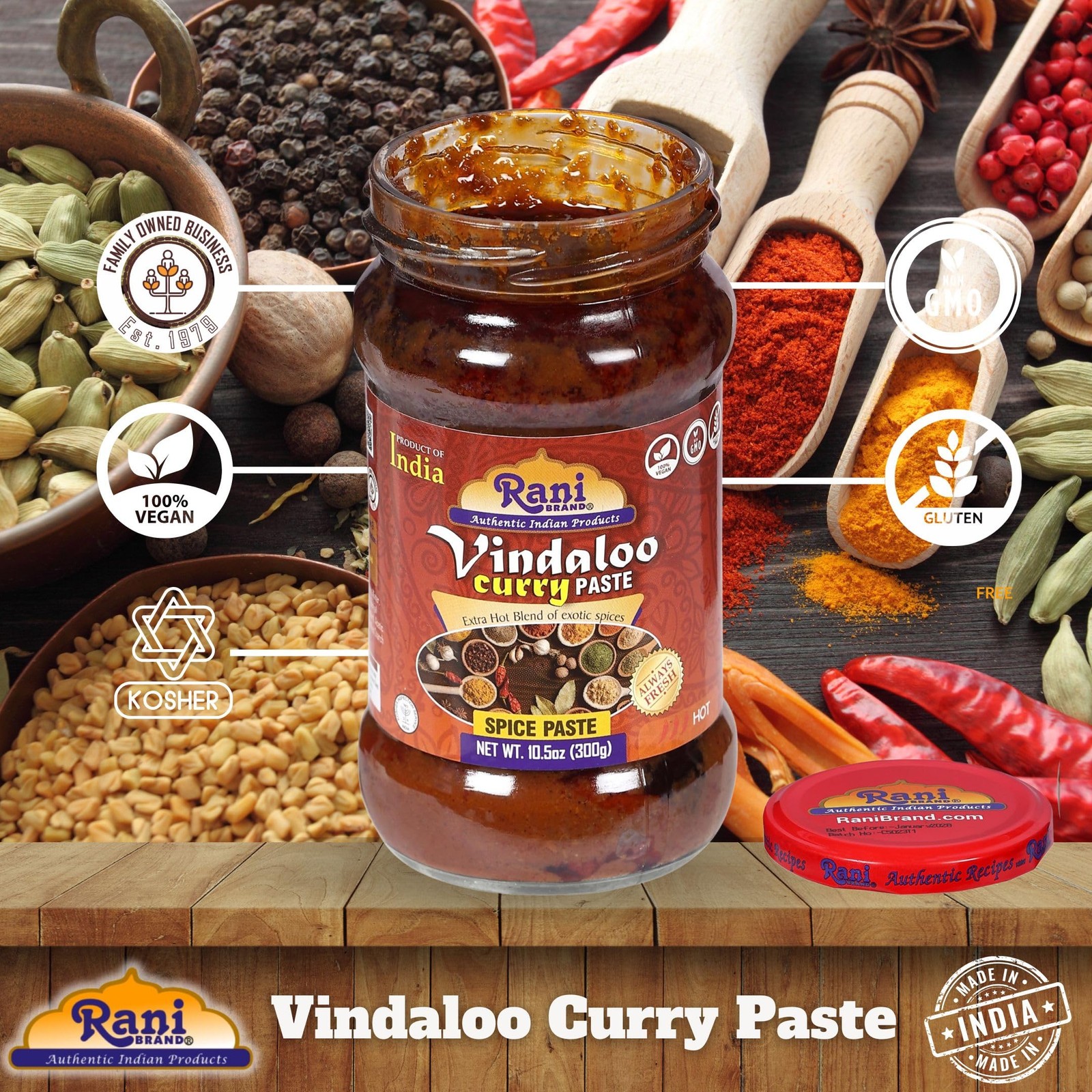 Rani Vindaloo Curry Cooking Spice Paste, Hot! 10oz (300g) Glass Jar