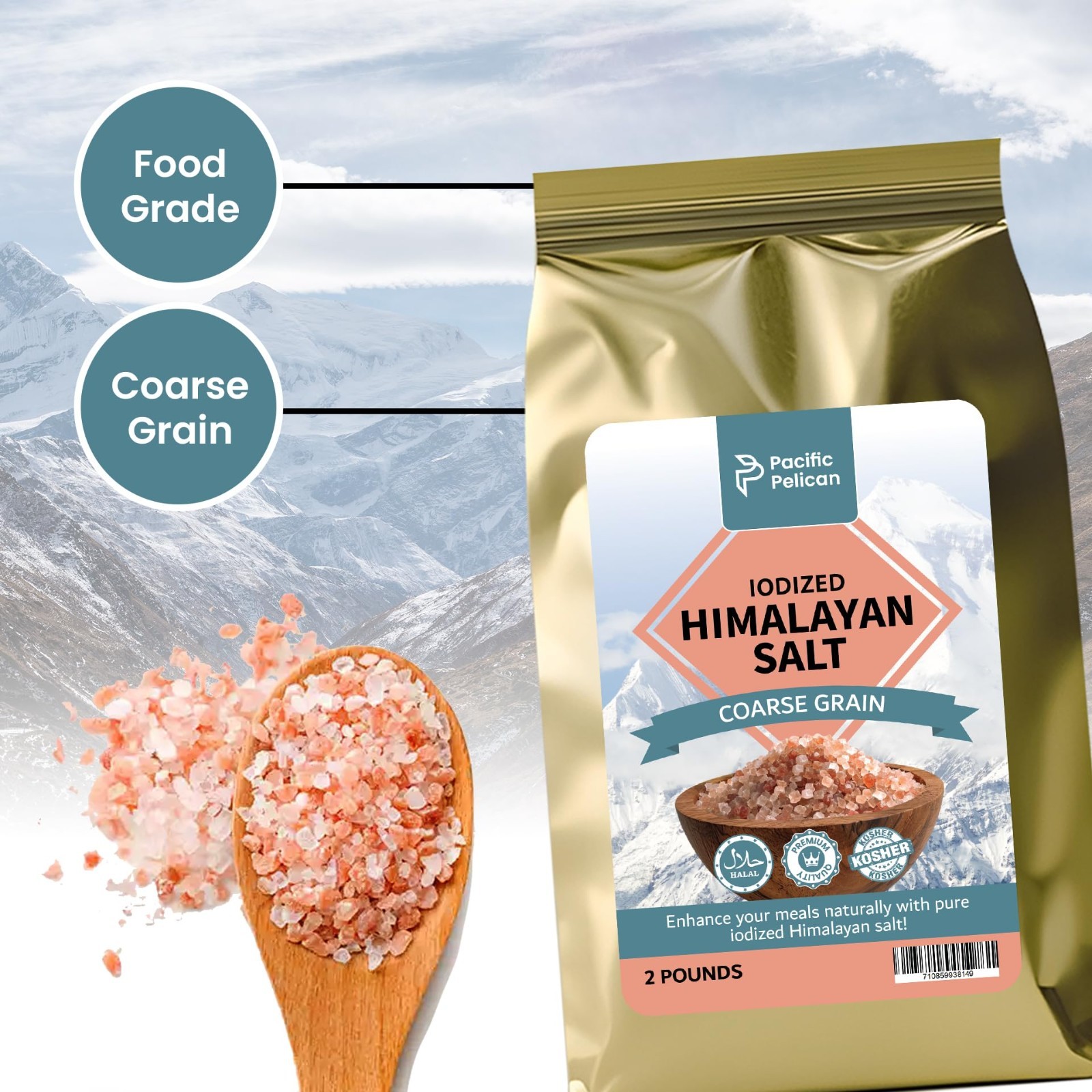 Iodized Himalayan Pink Salt – Coarse Grain, Unrefined, 2 lbs – Natural & Organic
