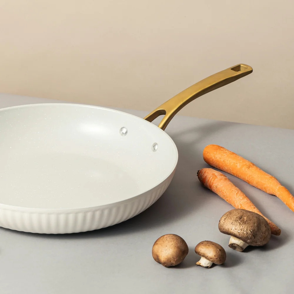 Thyme & Table 12″ Non-Stick Signature Ribbed Fry Pan- White & Gold
