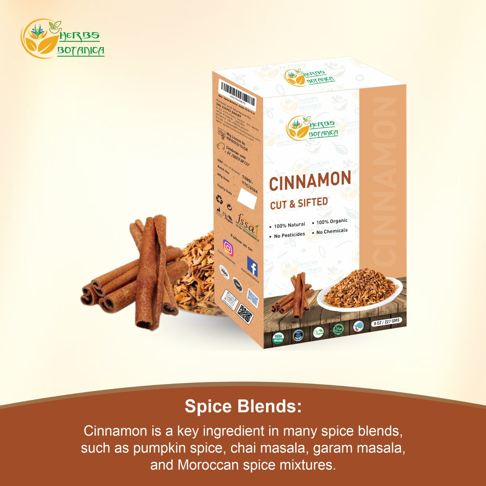 Herbs Botanica Cinnamon Bark Sticks Chips for Baking, Herbal Tea Rich Aroma 8oz