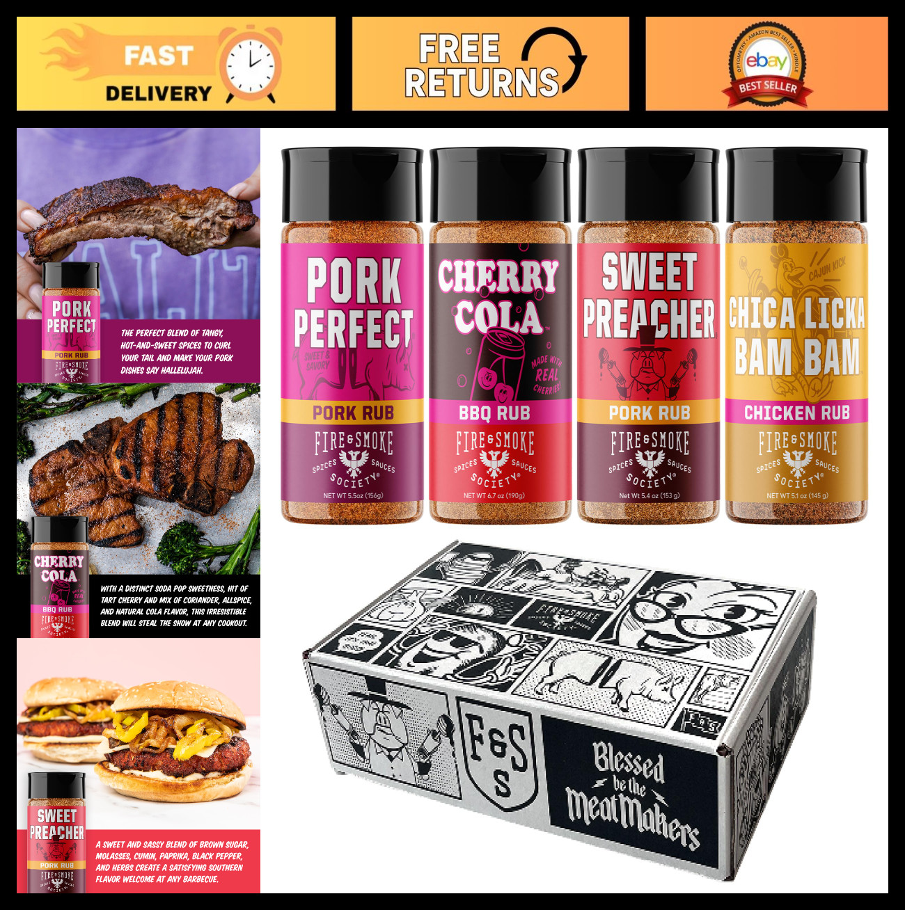 BBQ Seasoning Set – 4-Pack Fire & Smoke Barbecue & Grilling Rubs for Flavorful M