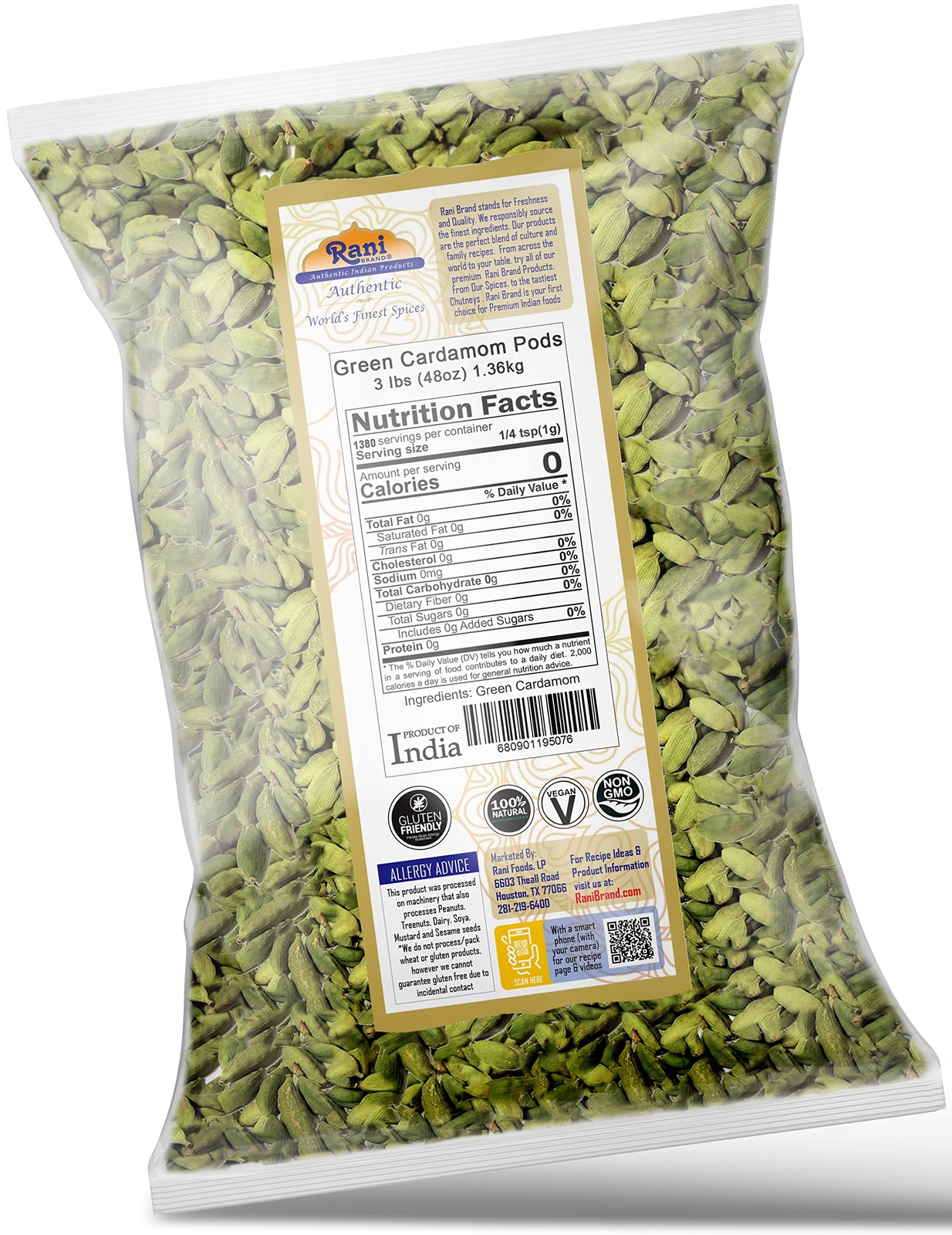 Rani Green Cardamom Pods Spice (Hari Elachi) 48oz (3lbs) 1.36kg