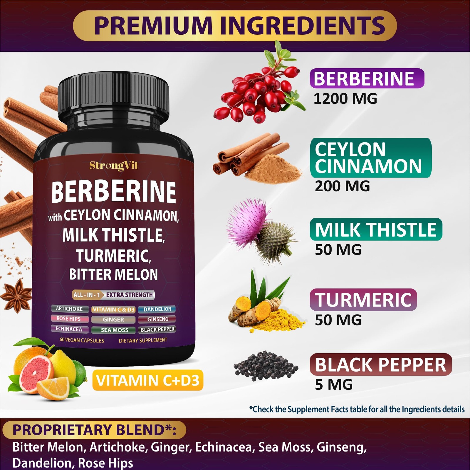 Berberine with Ceylon Cinnamon Supplement, Milk Thistle, 60 Count (Pack of 1)