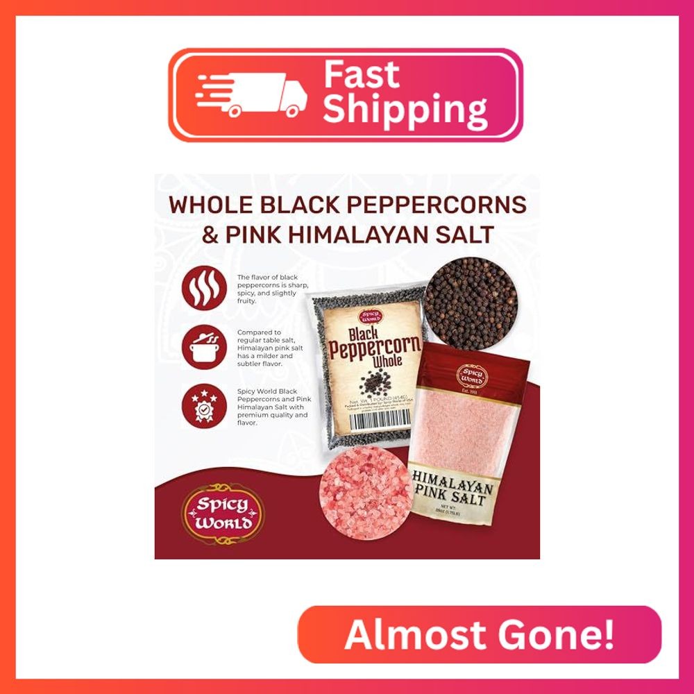 Spicy World Whole Black Peppercorns 16 Oz + Himalayan Pink Salt Fine 1.75 LB (28