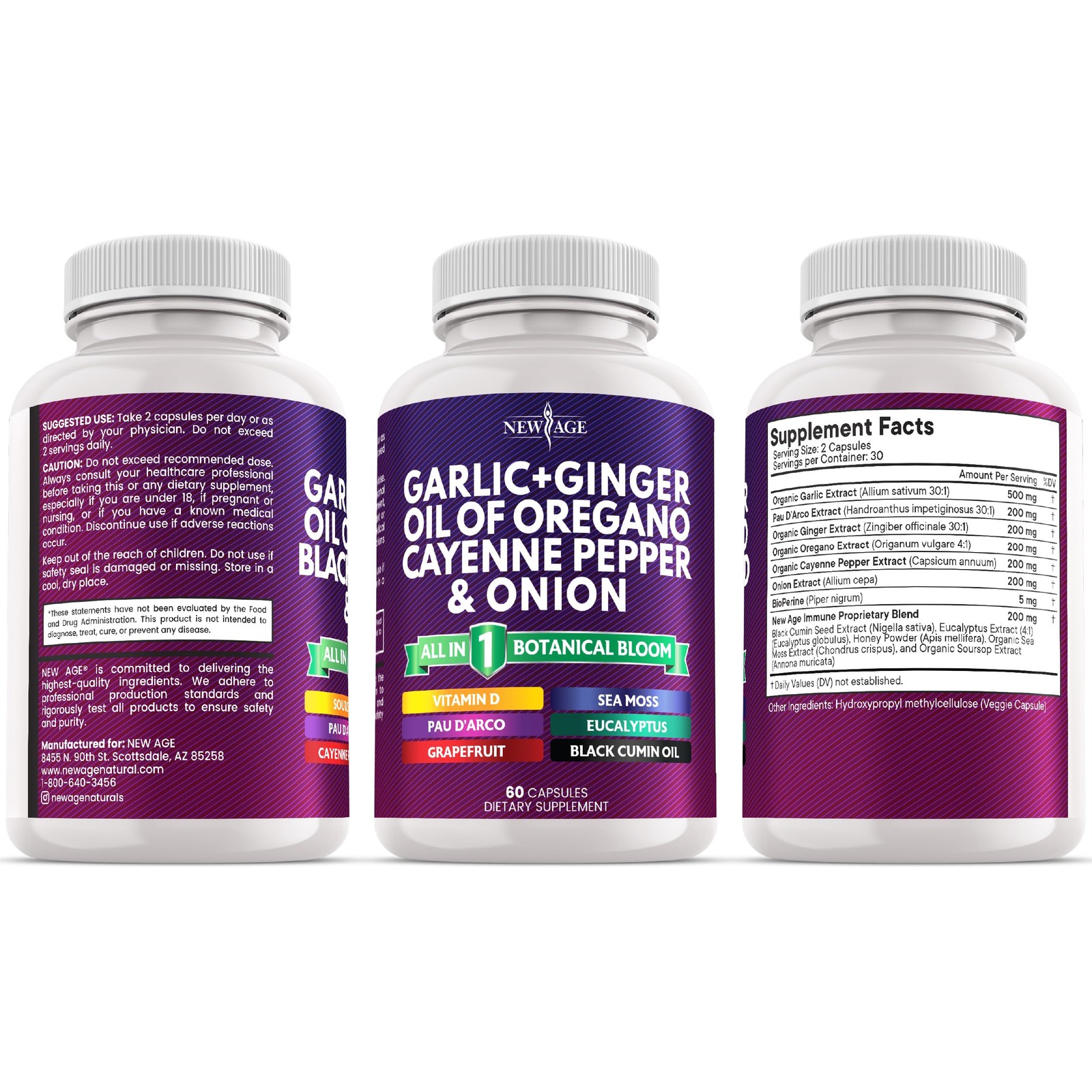 Garlic + Ginger Supplement – Oil of Oregano, 60 Count (Pack 2)