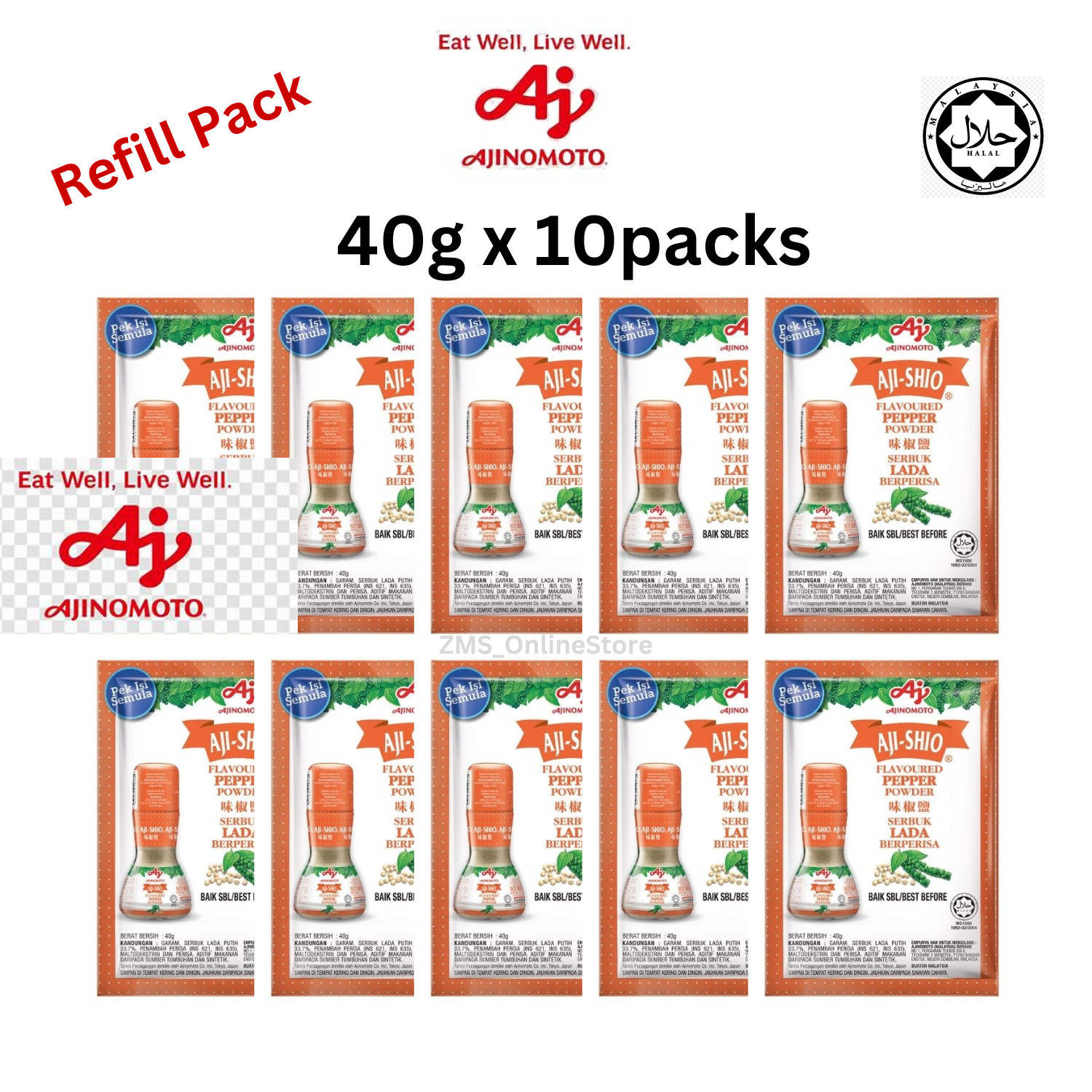 Ajinomoto Aji-Shio Flavoured White Pepper Refill Pack 40g x 10 packs