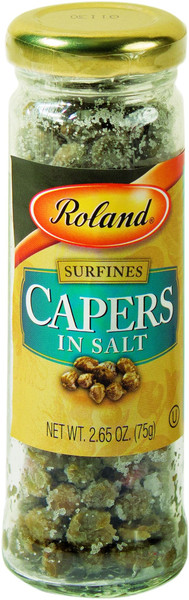 Roland Surfine Capers in Salt, Case of Twelve 75g Glass Jars.
