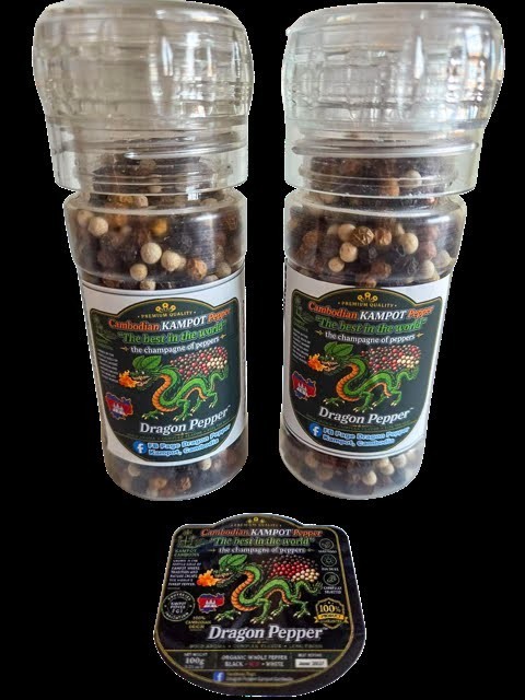 Set of Two FULL GLASS Dragon Peppercorn Grinders Kampot Cambodia 2.2oz / 60g.