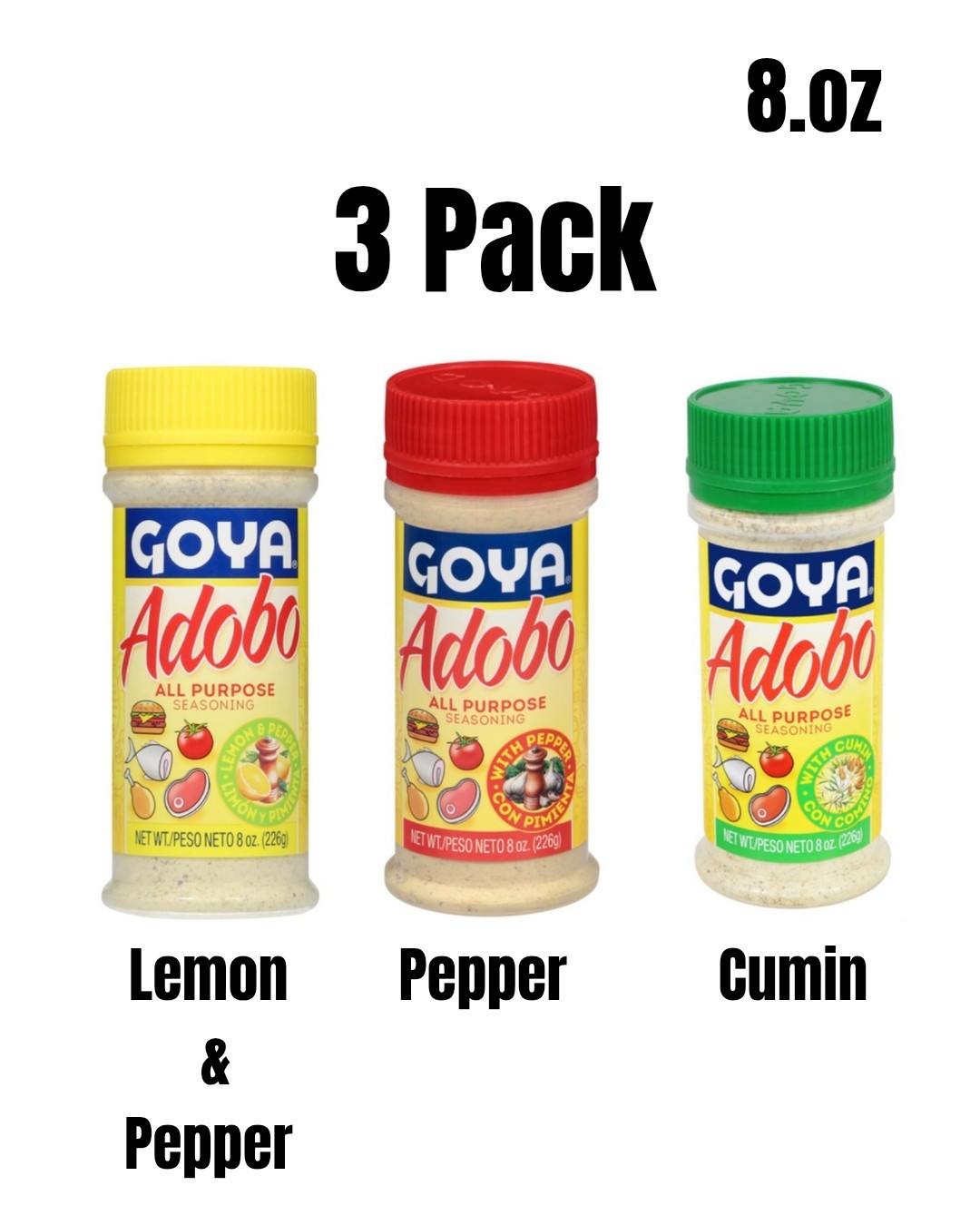Goya Adobo All Purpose Seasoning Pepper, Cumin And Lemon & Pepper 8.oz 3 Pack
