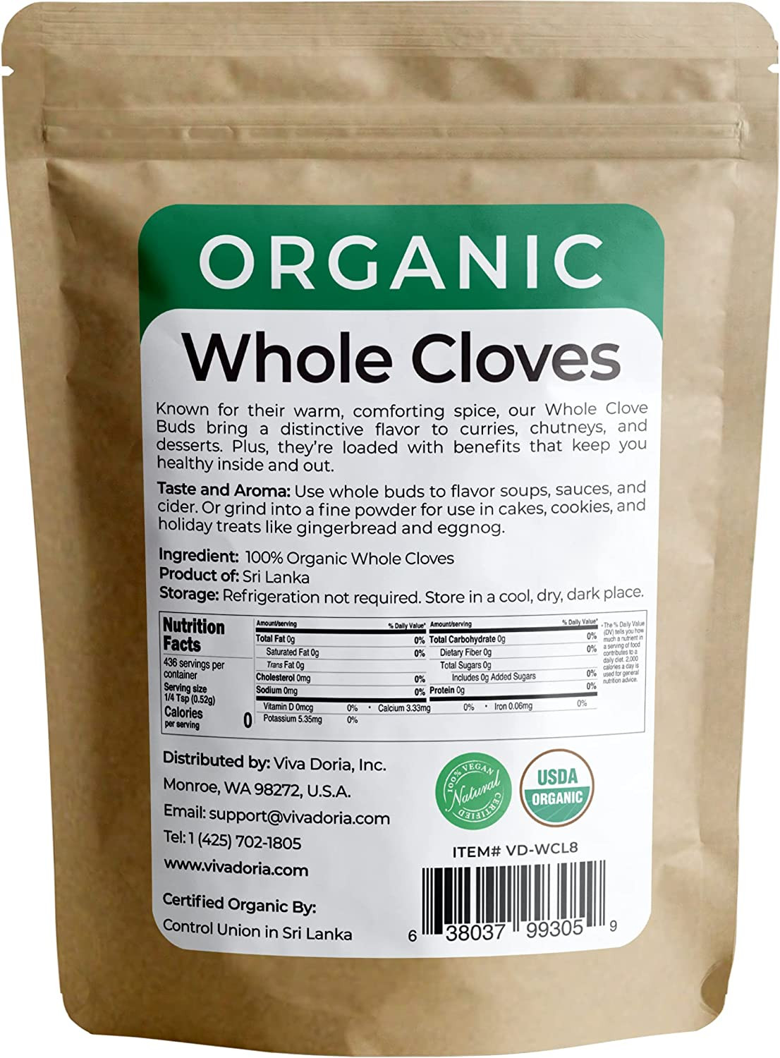 Viva Doria Organic Whole Cloves, Hand Picked Sri Lankan Clove Buds, 8 Oz Reseala
