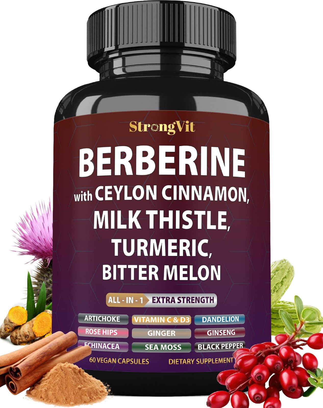 Berberine with Ceylon Cinnamon Supplement, Milk Thistle, 60 Count (Pack of 1)