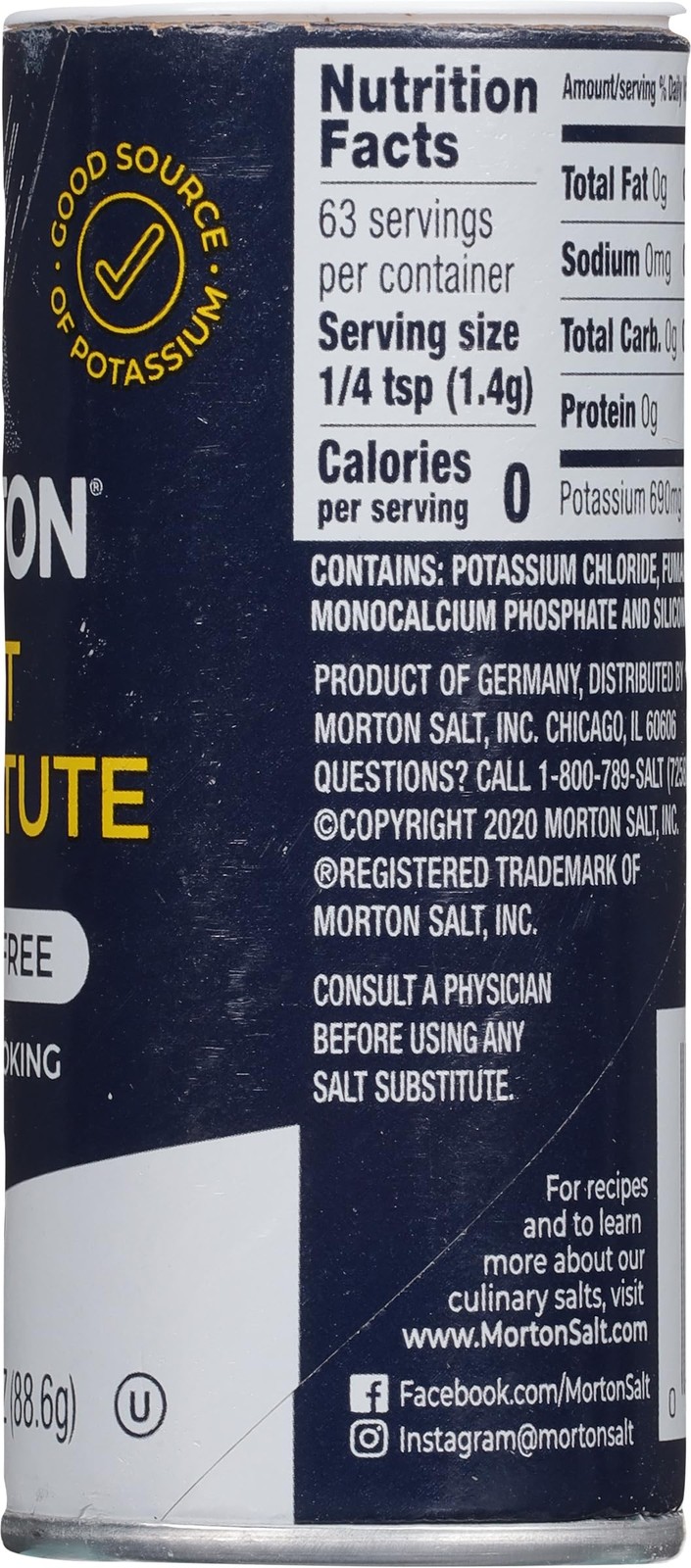 Morton Salt Substitute, Sodium Free, 3.125oz, 2 Pack 3.13 Ounce (Pack of 2)