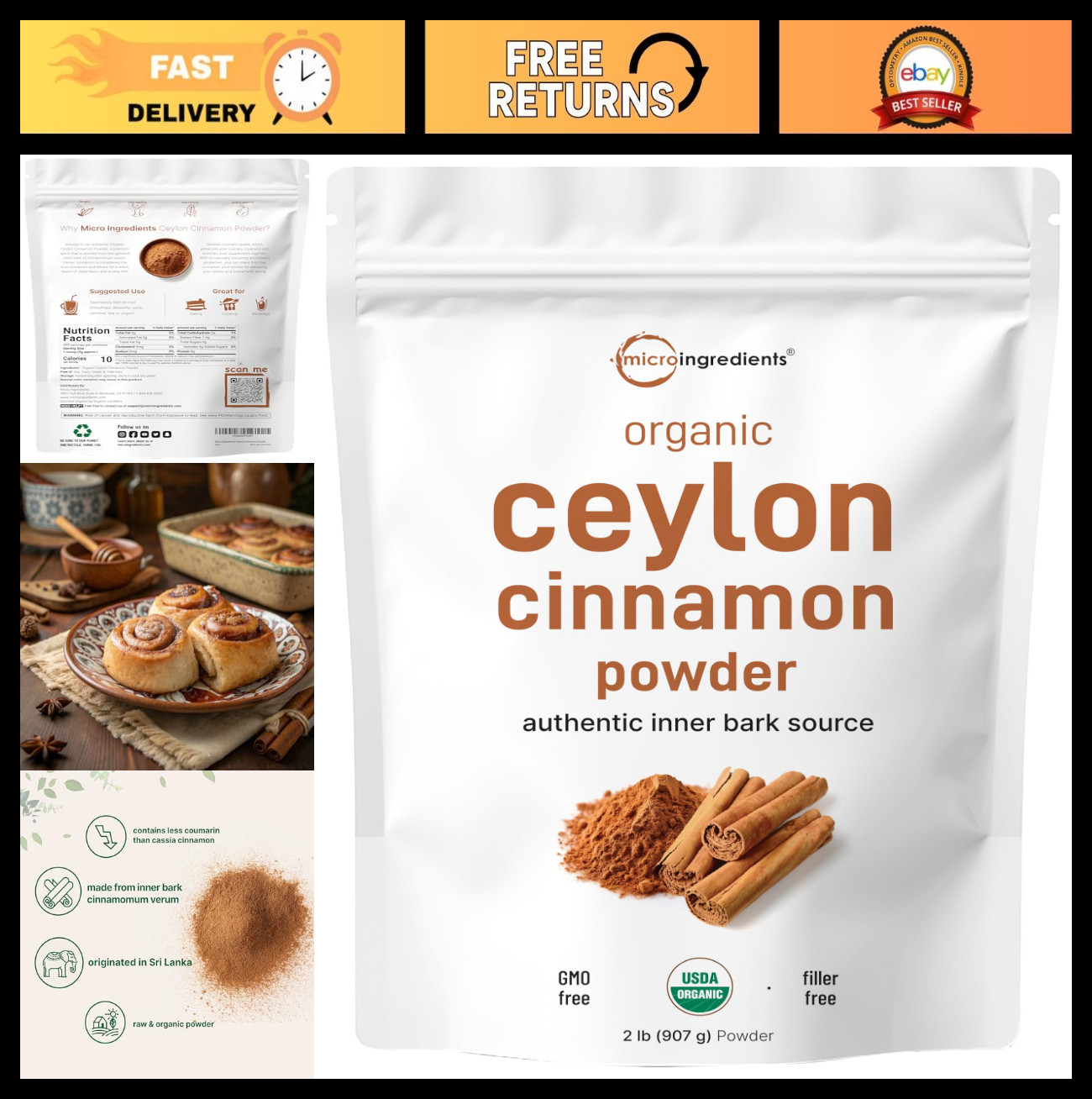 Organic Ceylon Cinnamon Powder 2 lb – Sweet Earthy Flavor for Baking & Cooking,
