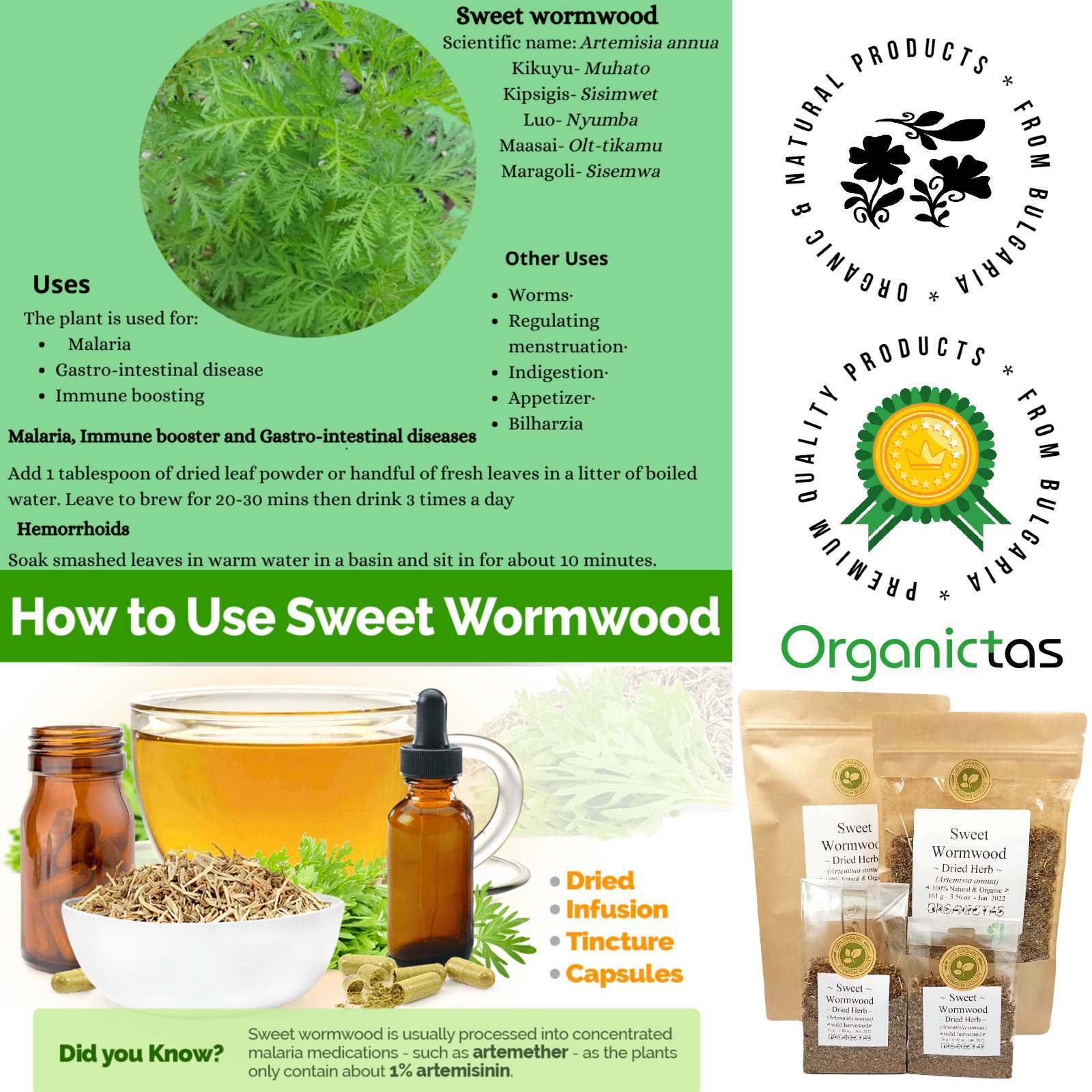 Sweet Wormwood/Sweet Annie Tea, Organic Artemisia Annua Premium Quality Qing Hao