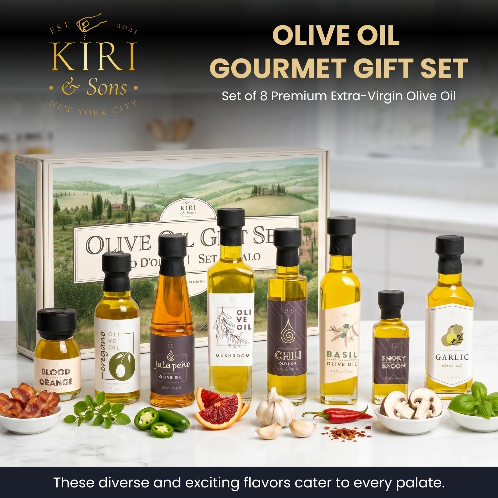 Kiri & Sons Olive Oil Gourmet Sampler Gift Set of 8 – 8 Infused