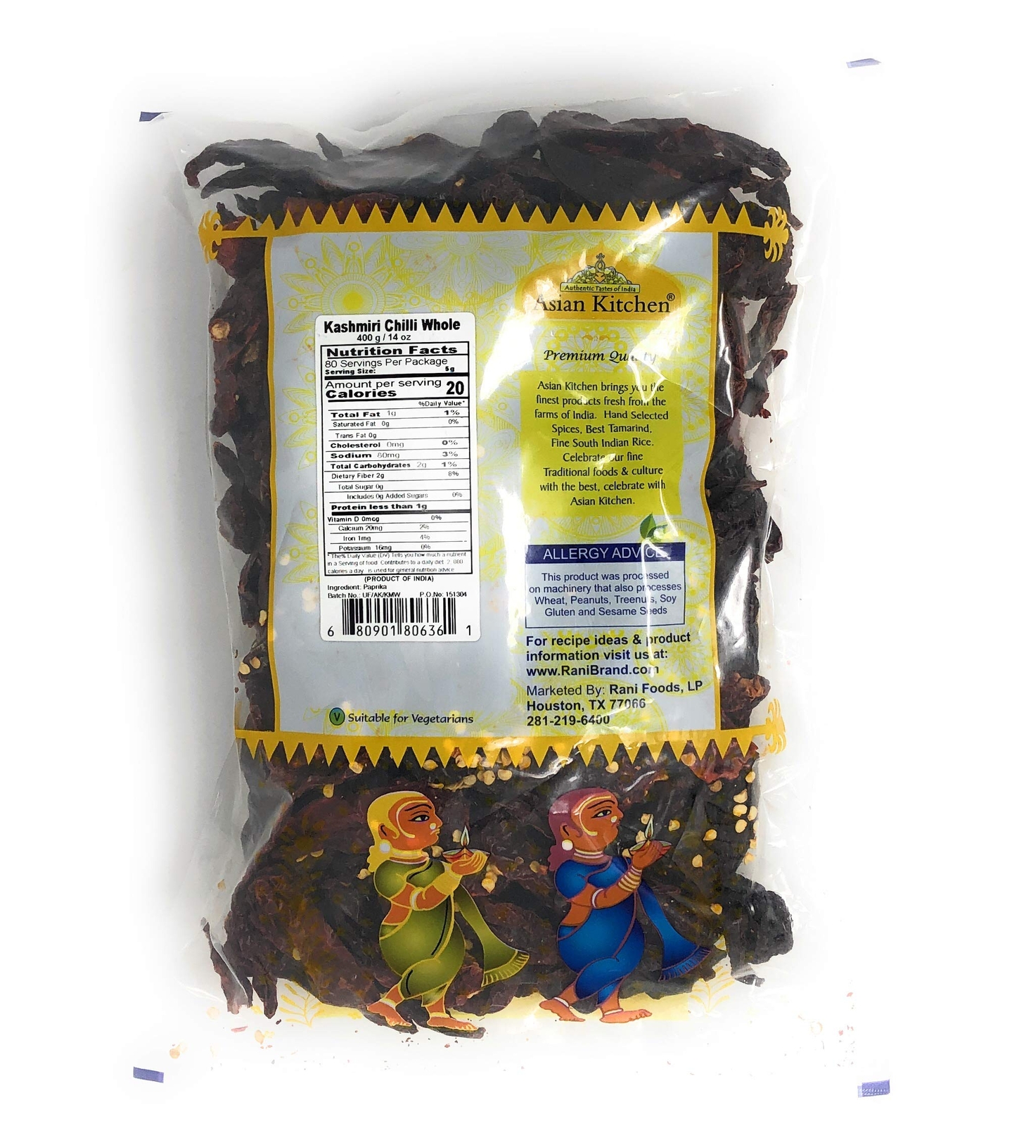 Asian Kitchen Kashmiri Chilli Whole Stemless, Low Heat Indian Chilli 14oz (400g)