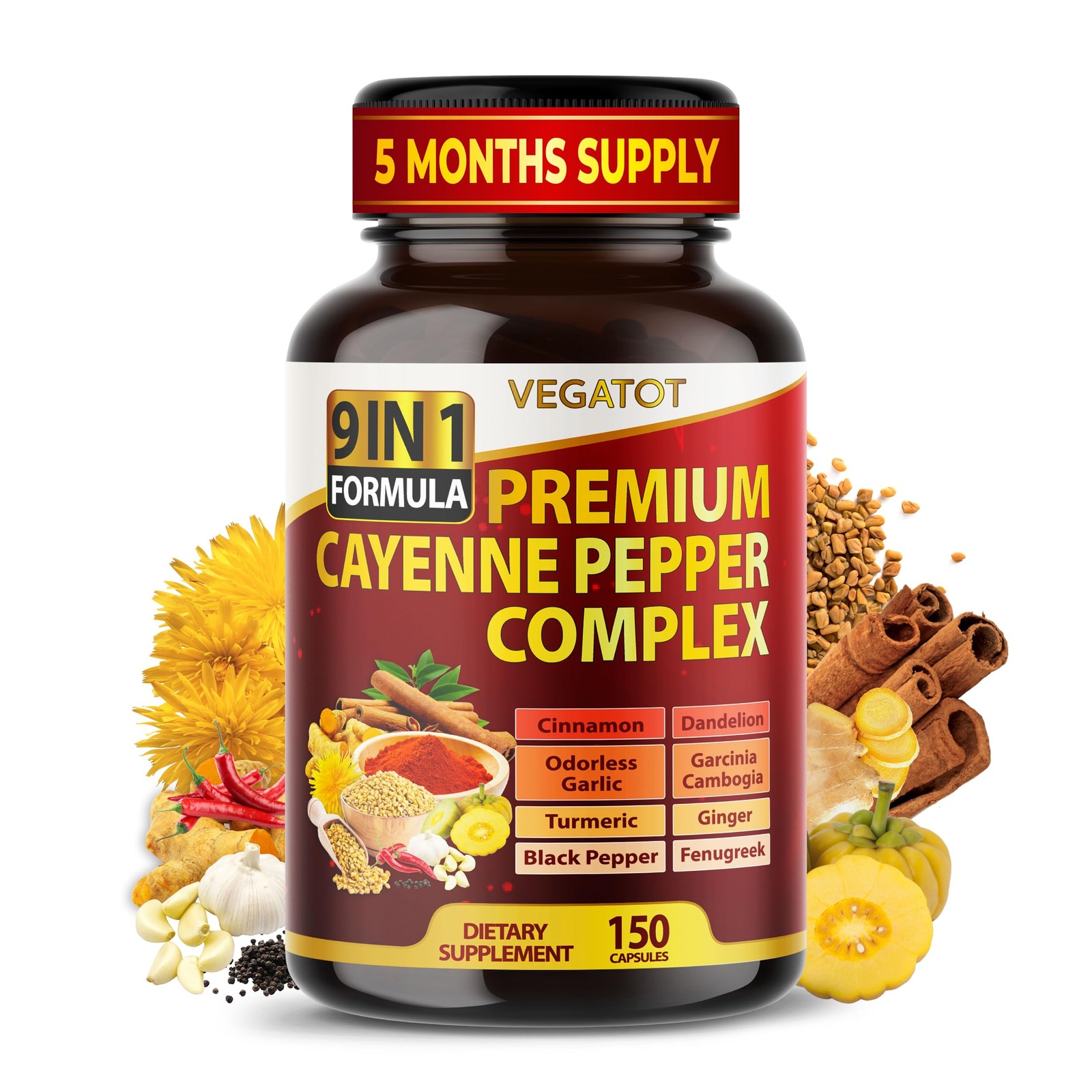 Vegatot Cayenne Pepper Capsules, 9-in-1 Complex with 150 Count (Pack of 1)