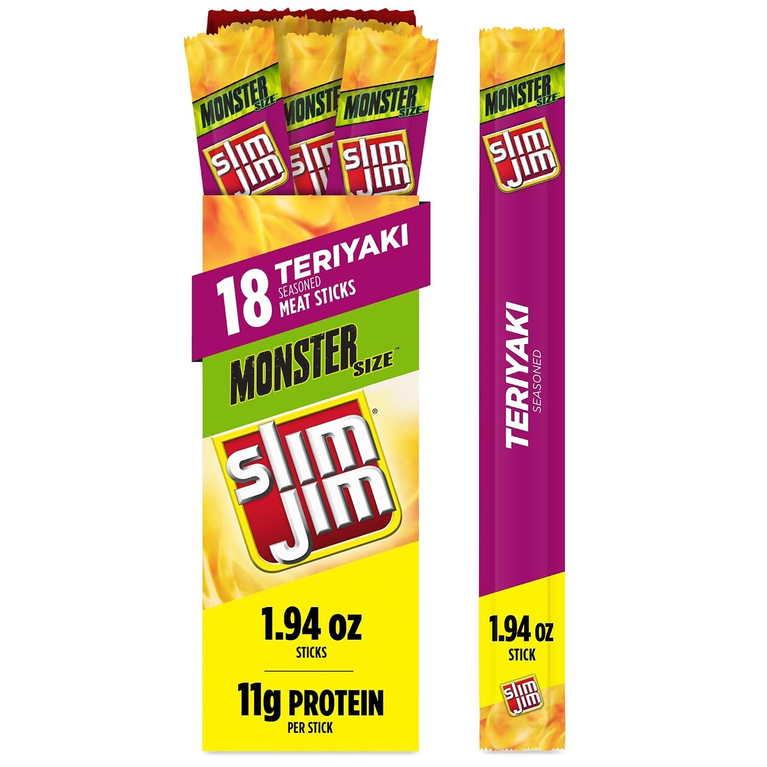 Slim Jim Monster Smoked Meat Sticks, Teriyaki Flavor, High Protein, 1.94 oz. (18