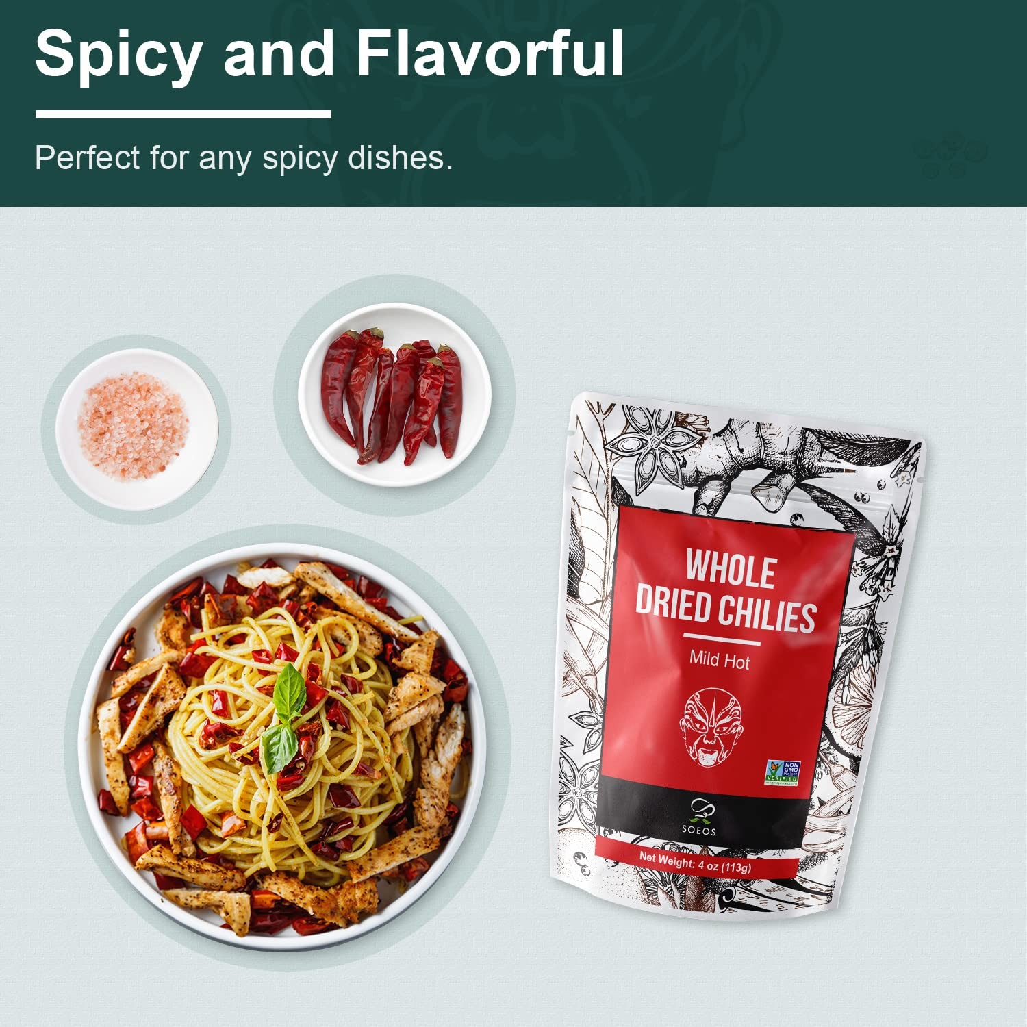 Soeos Whole Dried Chilies 4 oz, Mild Spicy Chili Peppers, 4 Ounce (Pack of 1)
