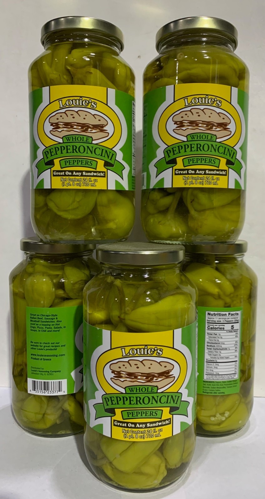 Louie’s Whole Pepperoncini Peppers 24 fl oz Jar – Mild Greek Peppers – 5 Pack