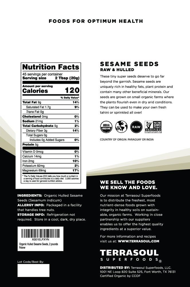 Organic Hulled Sesame Seeds, 2 Lbs – Perfect for Tahini | Gluten-free | Raw