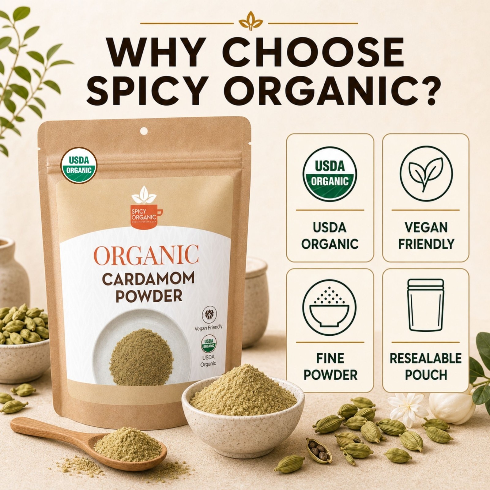 Spicy Organic Cardamom Powder 2 oz | USDA Organic
