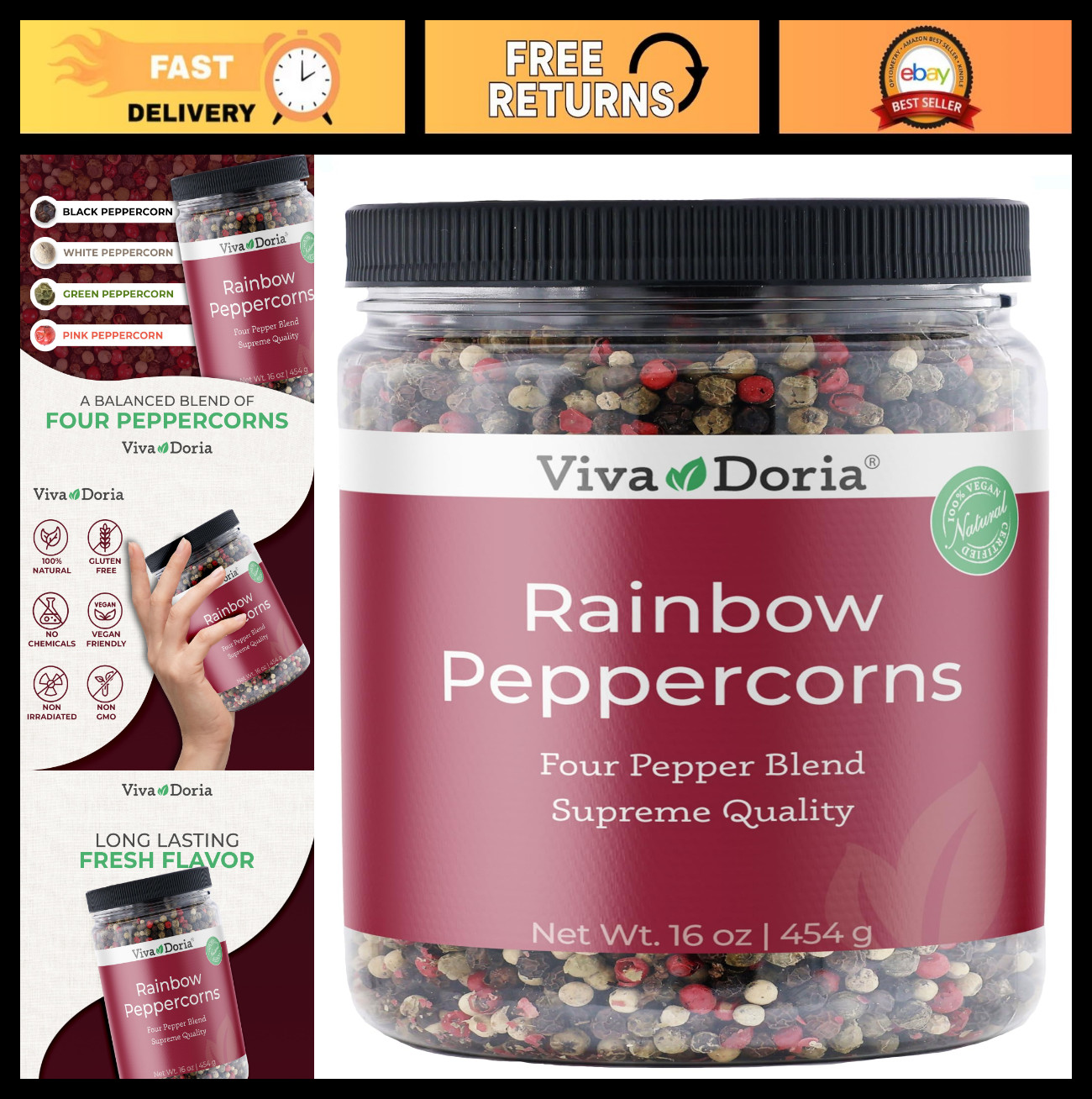 Rainbow Blend Peppercorns – Whole Black, Green, Pink & White – 16 Oz Grinder Ref