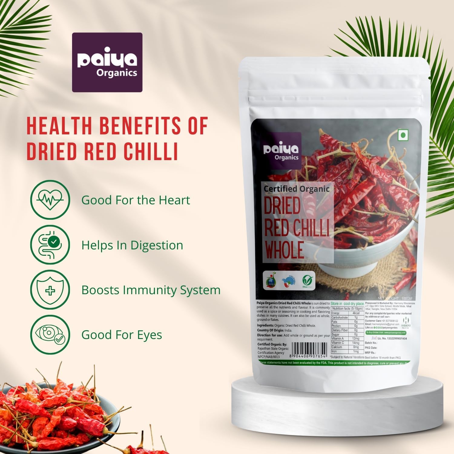 Paiya Organics Dried Red Chilli Whole 100gm Each Pack Of 2