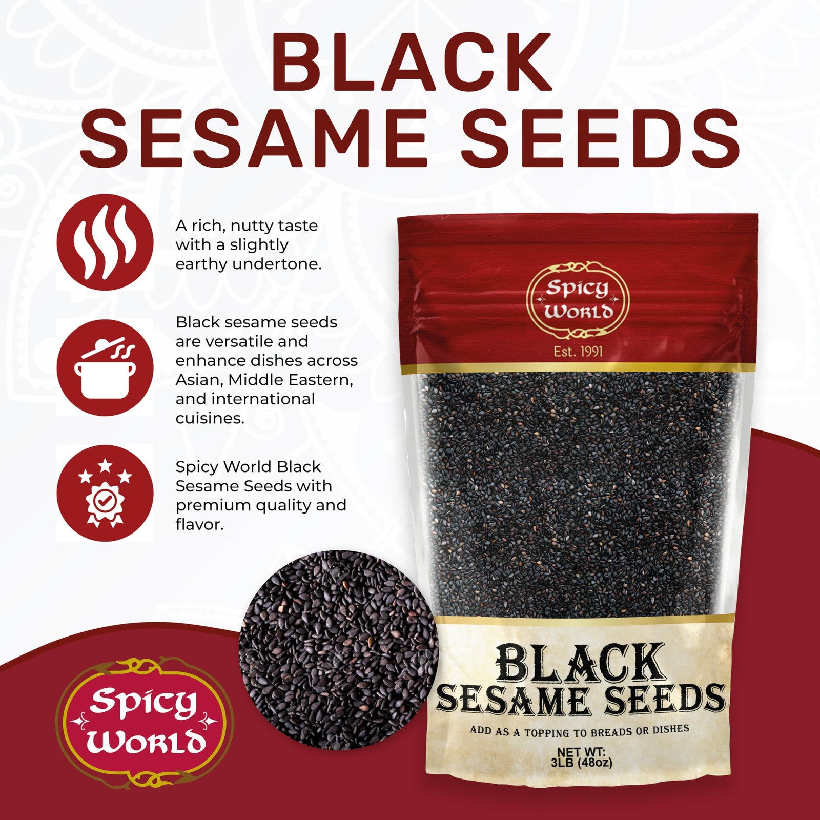 Raw Black Sesame Seeds 3 LB Bag – Natural – By