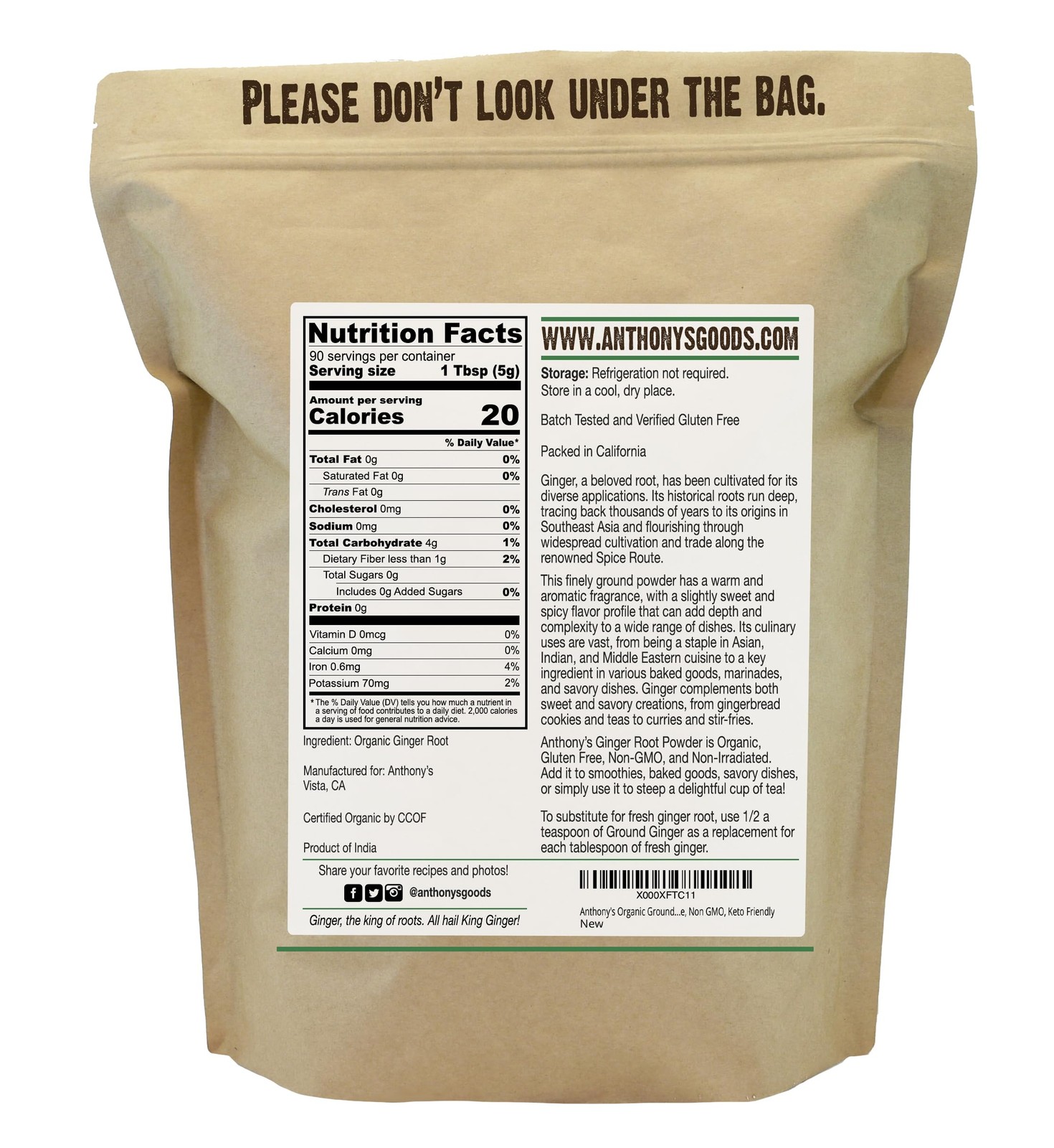 Anthony’s Organic Ground Ginger Root, 1 lb, Gluten Free, 1 Pound (Pack of 1)