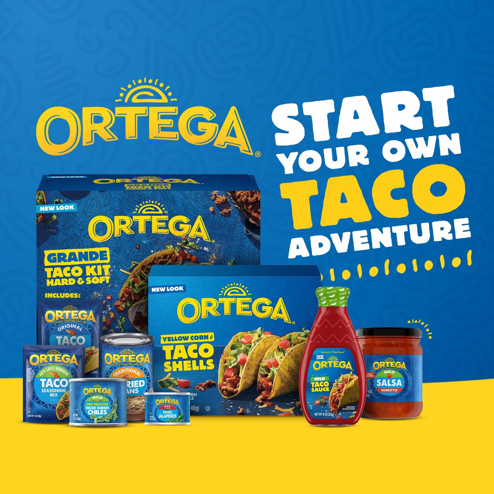 Ortega Fiesta Flats Taco Kit, 12 Flat Bottom Taco Shells, Taco Seasoning and Tac