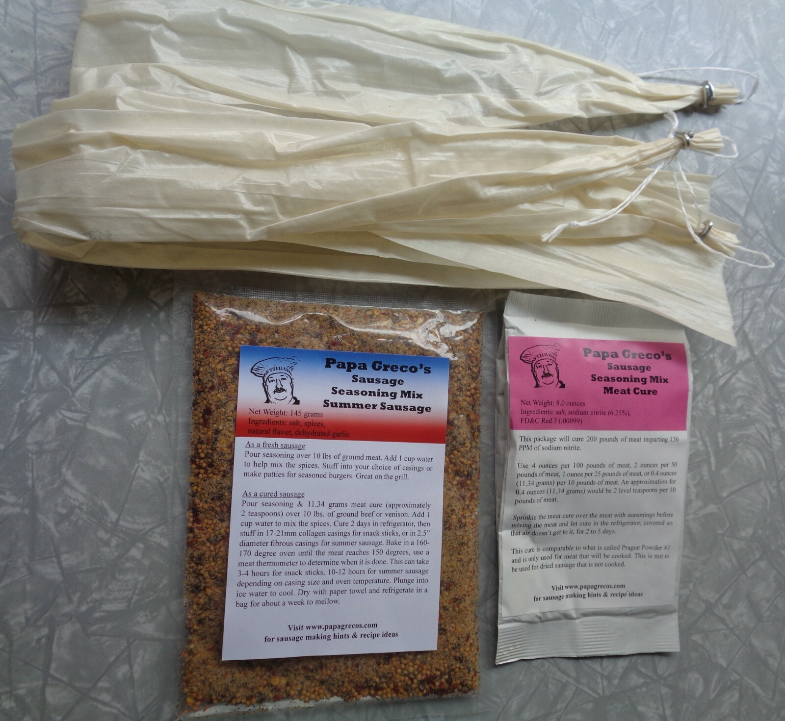 Papa Greco’s Summer sausage kit #2-mix, cure#1, and fibrous casings. Save money!
