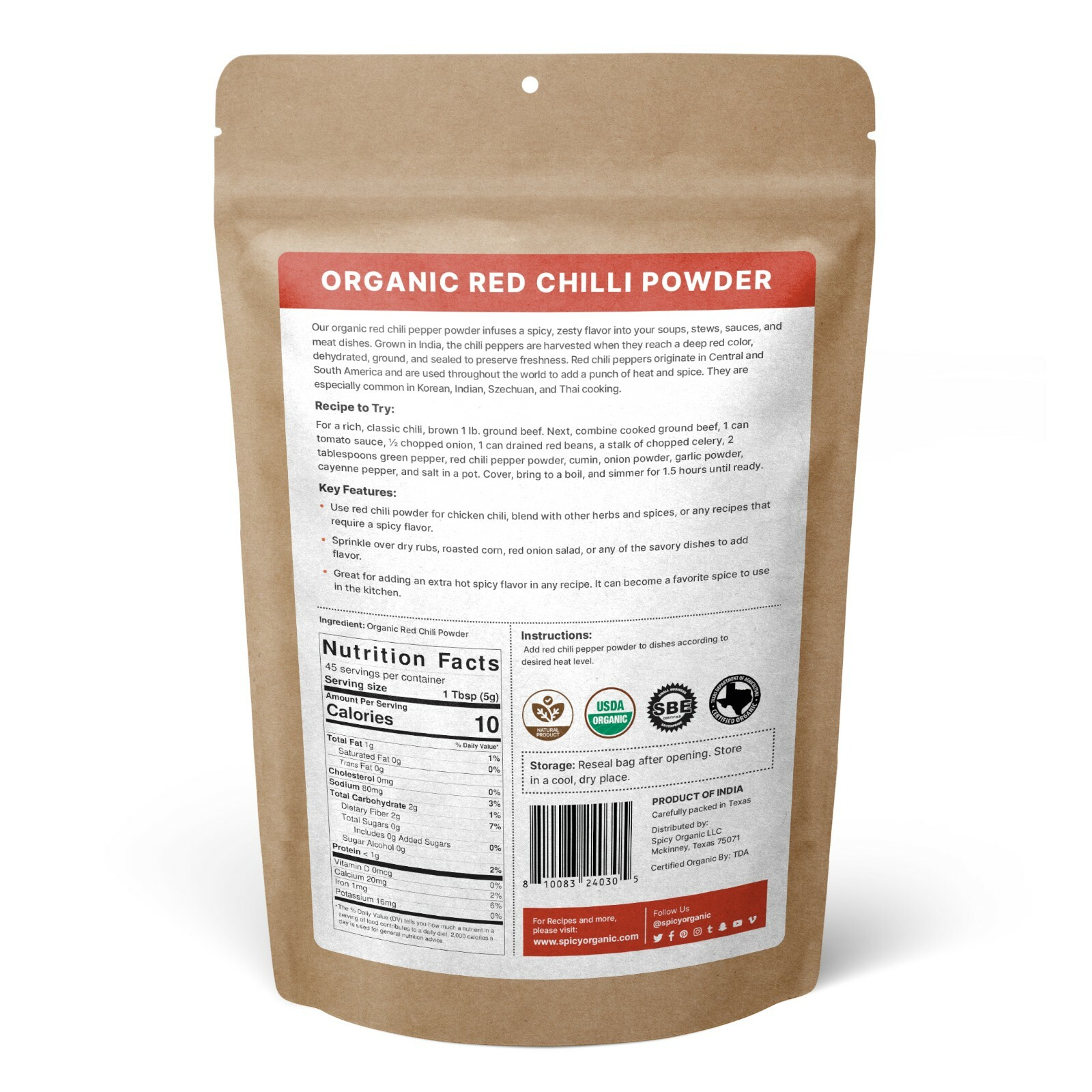 Organic Red Chili Powder (8 OZ) Pure and Natural Chili Powder Seasoning