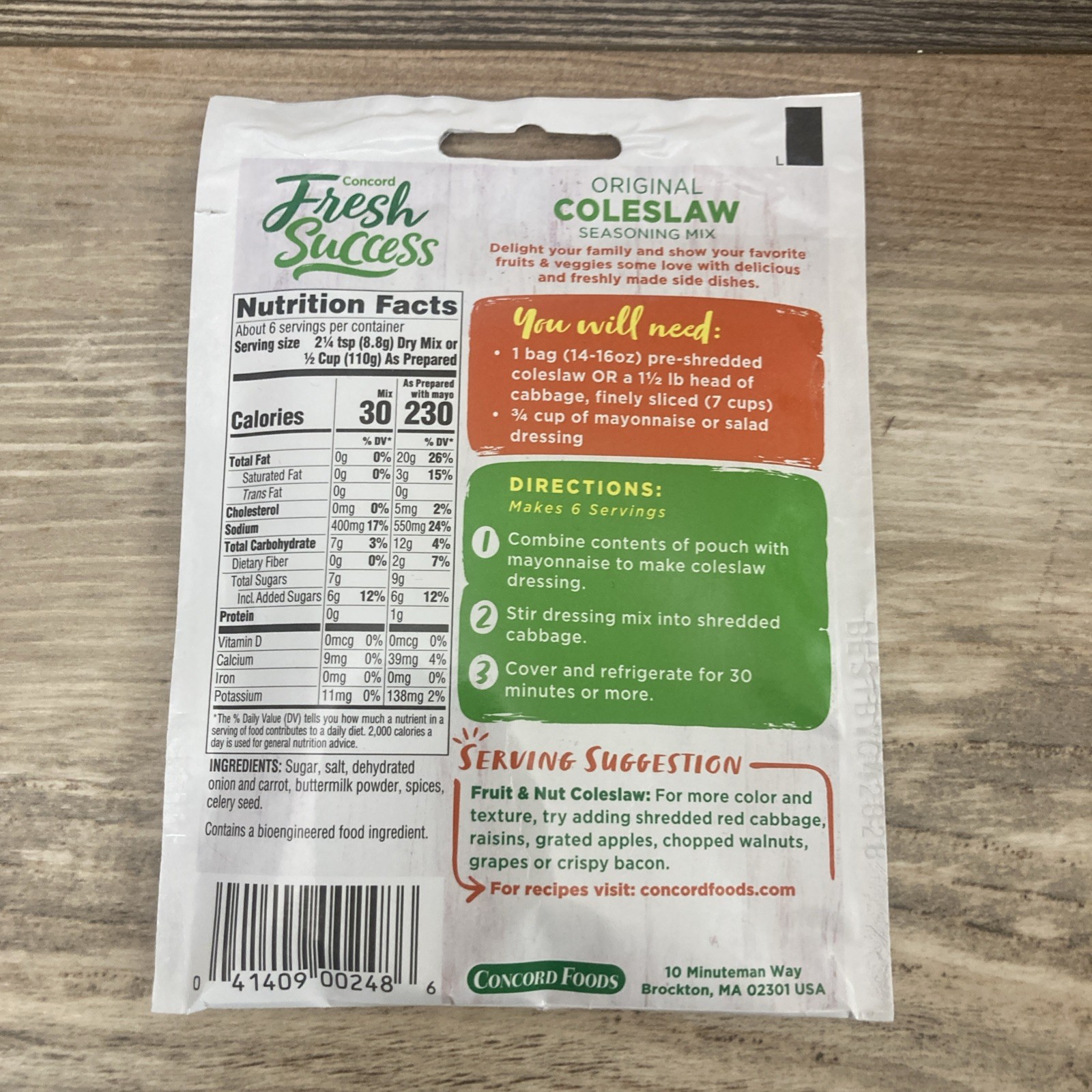 Concord Fresh Success Coleslaw Mix Just Add Cabbage & Mayonnaise 1.87oz 6-packs