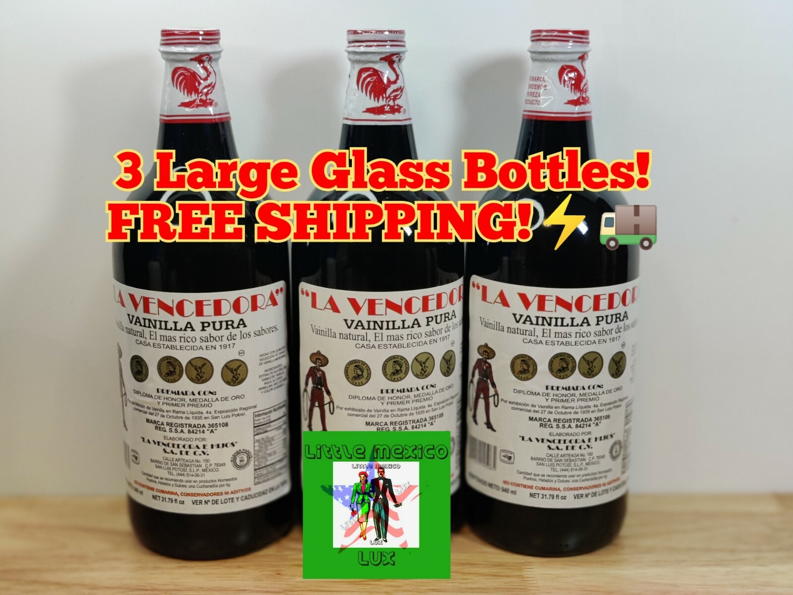 Three Bottles Mexican Vanilla La Vencedora (3 Glass 1-Liter Bottles)⚡🚚