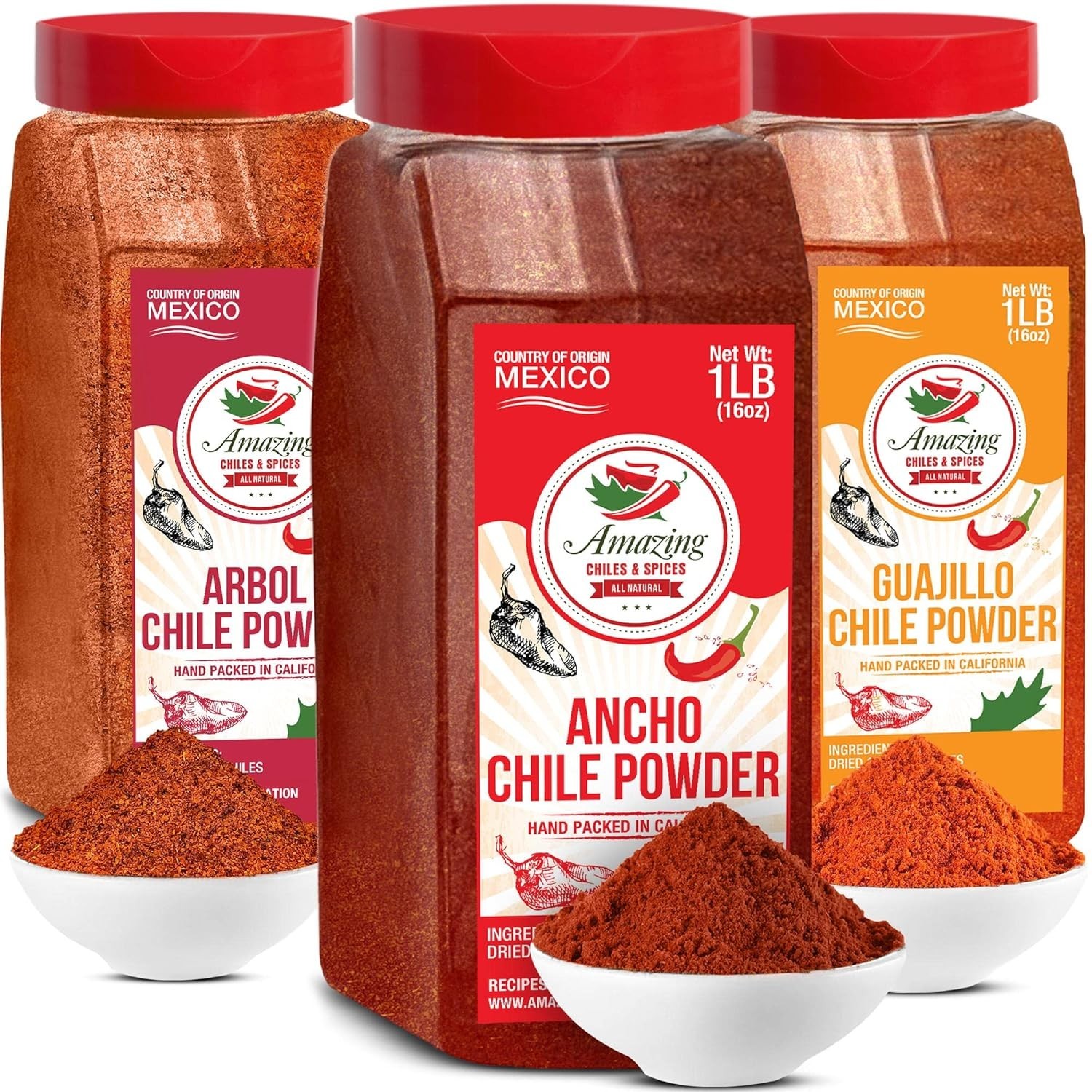 Chile Powder (48 oz Total) Ancho, Guajillo, Arbol for Dried Chiles Moles, Salsas
