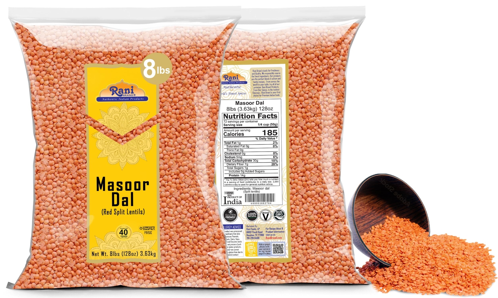 Rani Masoor Dal (Indian Red Lentils) Split Gram, 128oz (8lbs) 3.63kg, Bulk