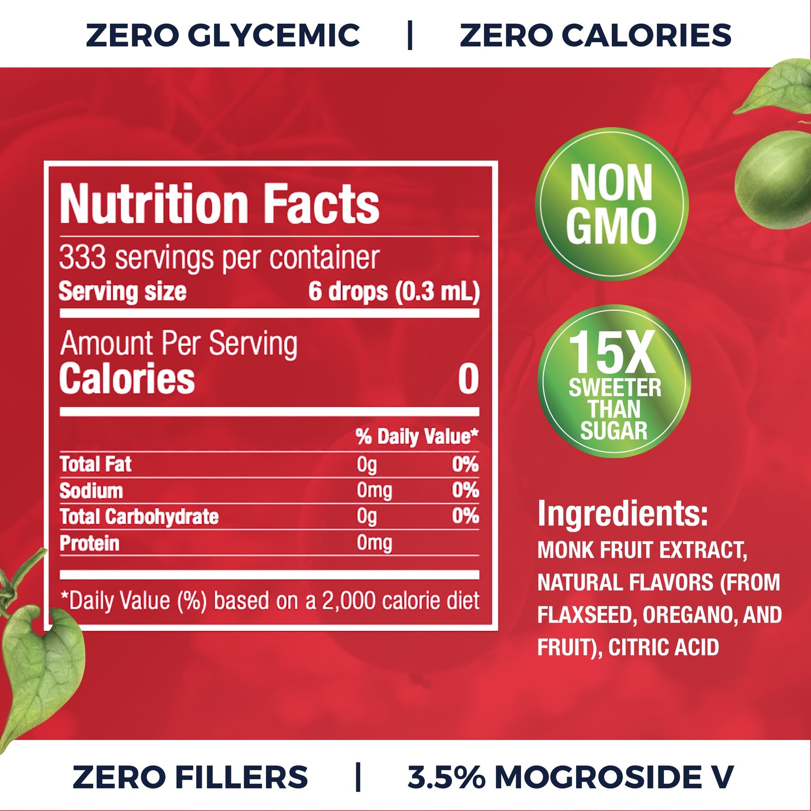 Monk Fruit Extract 6 Drops = 1 Tsp of Sugar Zero Calories, NonGMO, No Fillers…