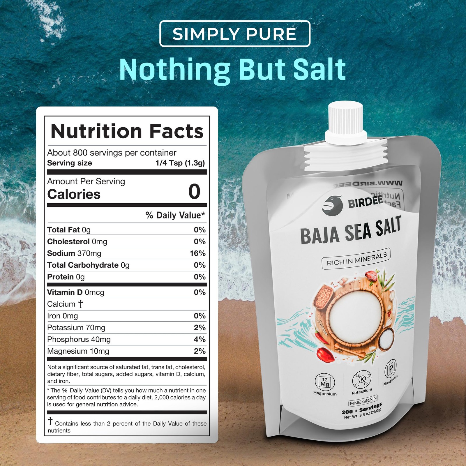 Baja Mineral Sea Salt, Fine Grain, 8.8 oz – Spout Pouch with Twist Cap, Unref…