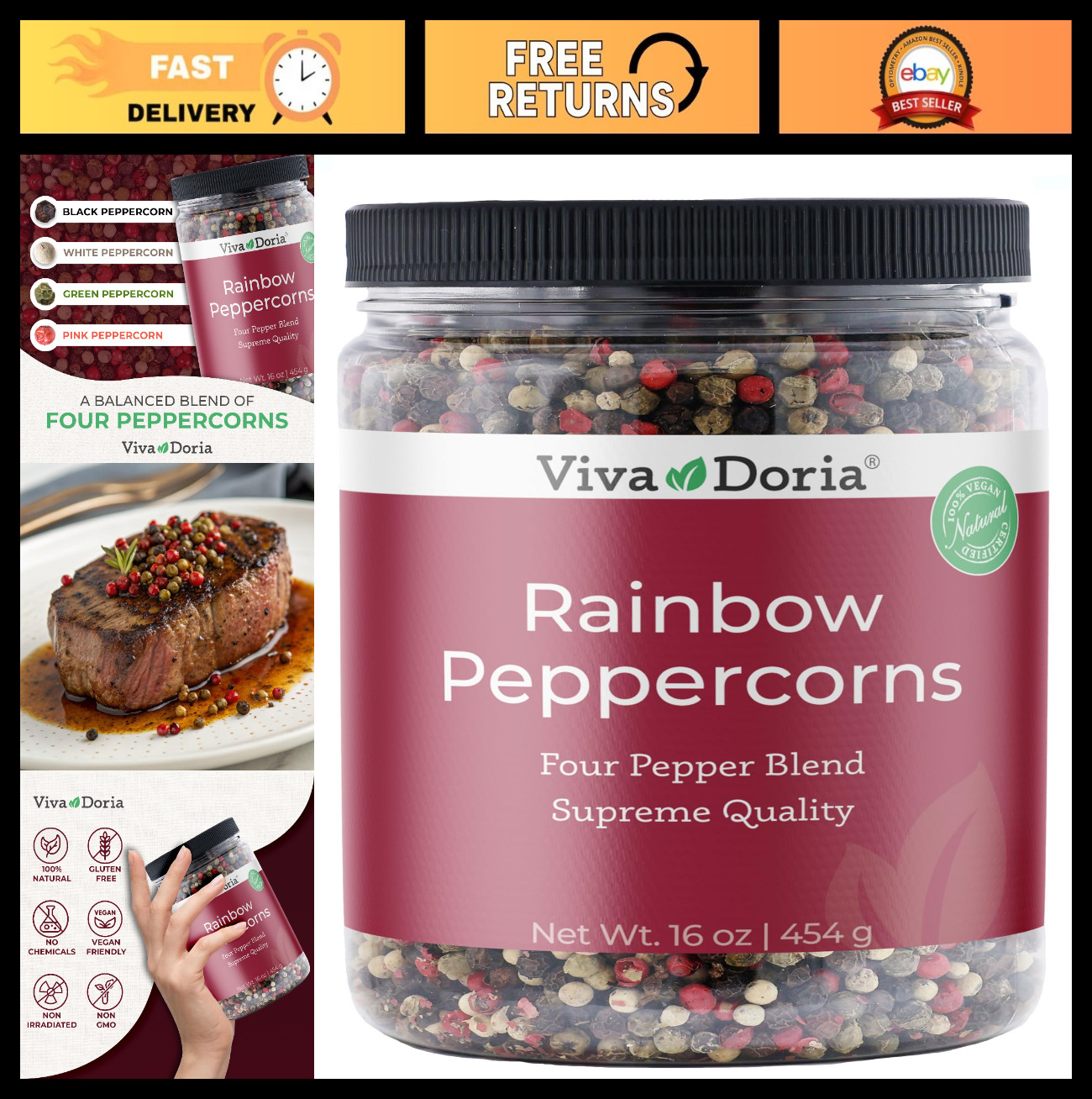 Rainbow Blend Peppercorns – Whole Black, Green, Pink & White – 16 Oz Grinder Ref