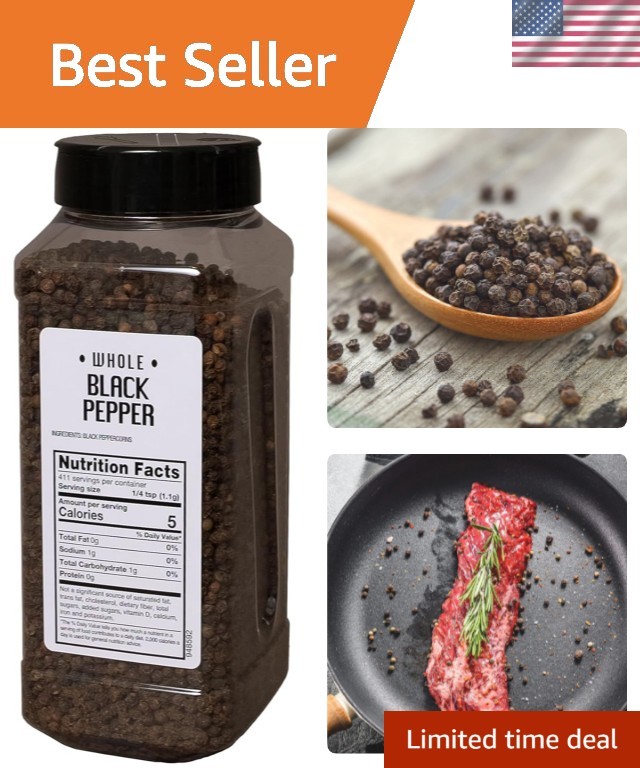 Whole Black Peppercorns – 1 lb Canister, Perfect for Foodservice & Home Use
