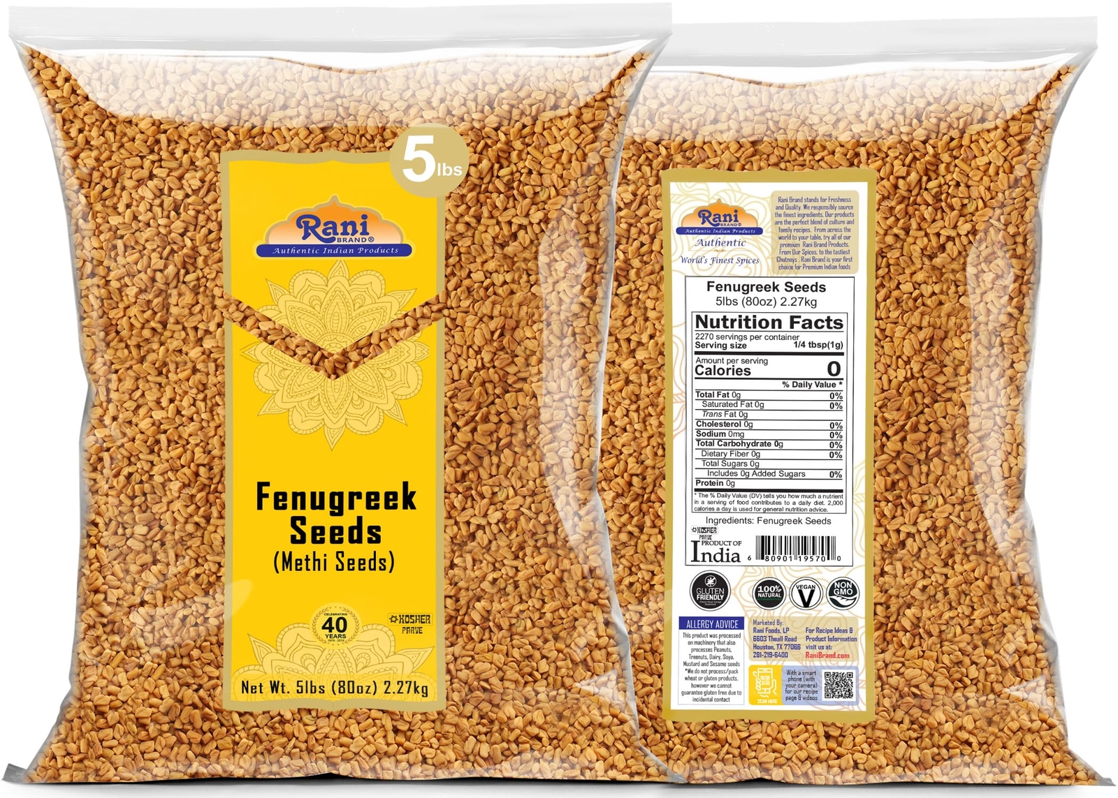 Rani Fenugreek (Methi) Seeds Whole, 80oz (5lbs) 2.27kg, Bulk
