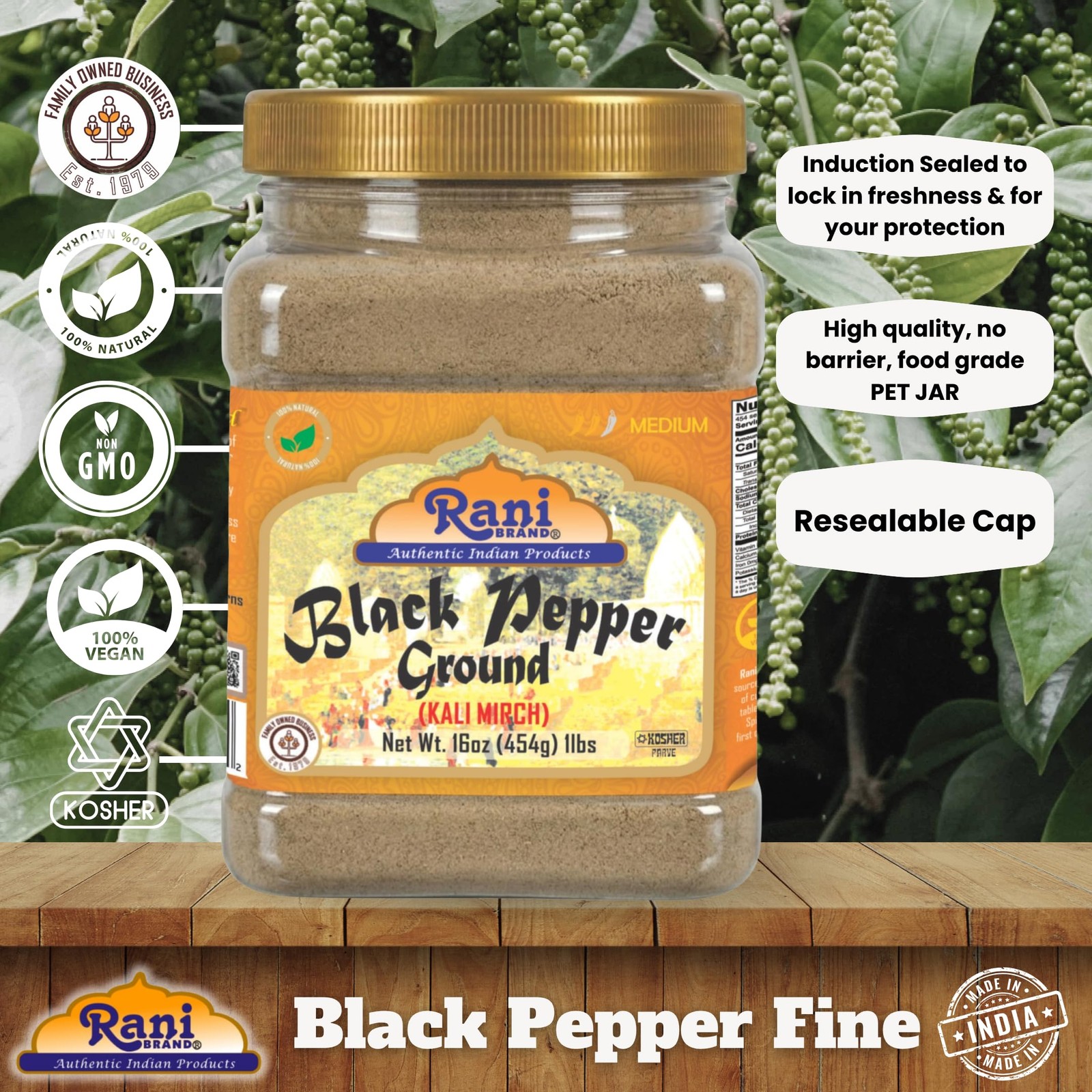 Rani Black Pepper Fine Powder 80 Mesh, Premium Indian 16oz (1lb) 454g PET Jar