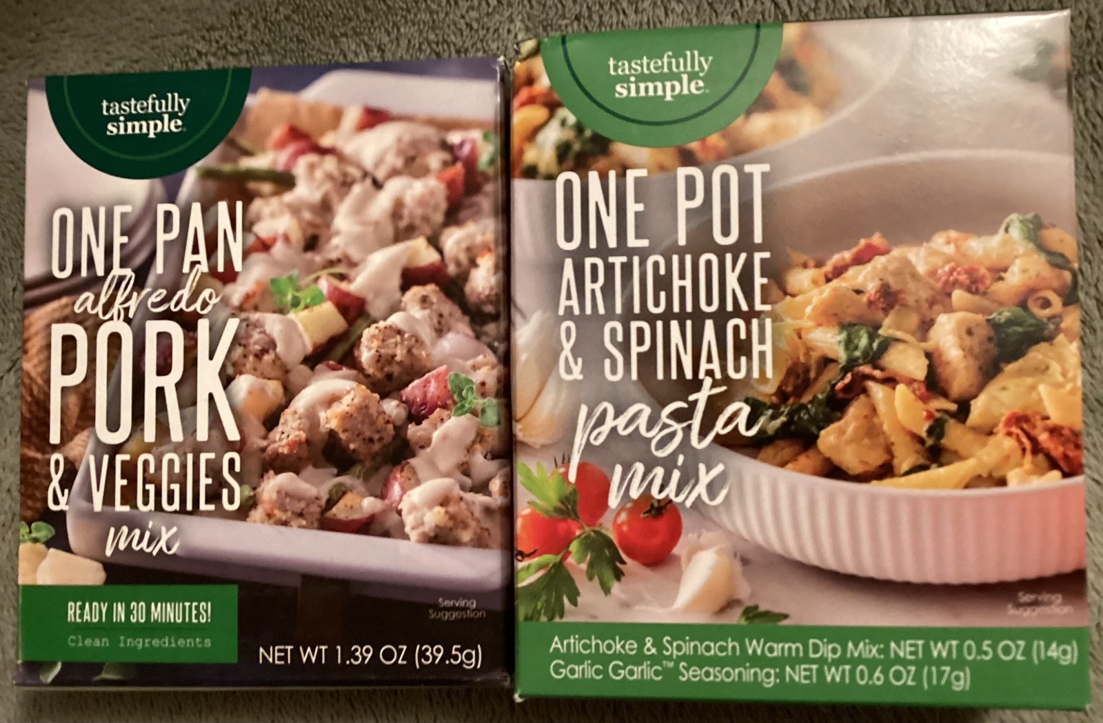 Tastefully Simple Lot of 2, Alfredo Pork & Veggies, Artichoke & Spinach Pasta