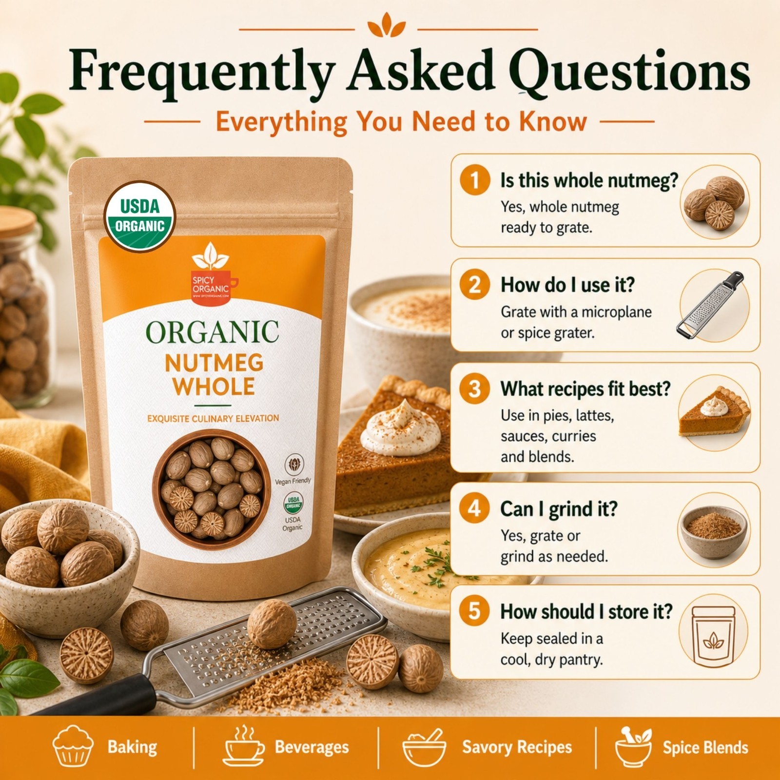 Spicy Organic Nutmeg Whole 8 oz | USDA Organic