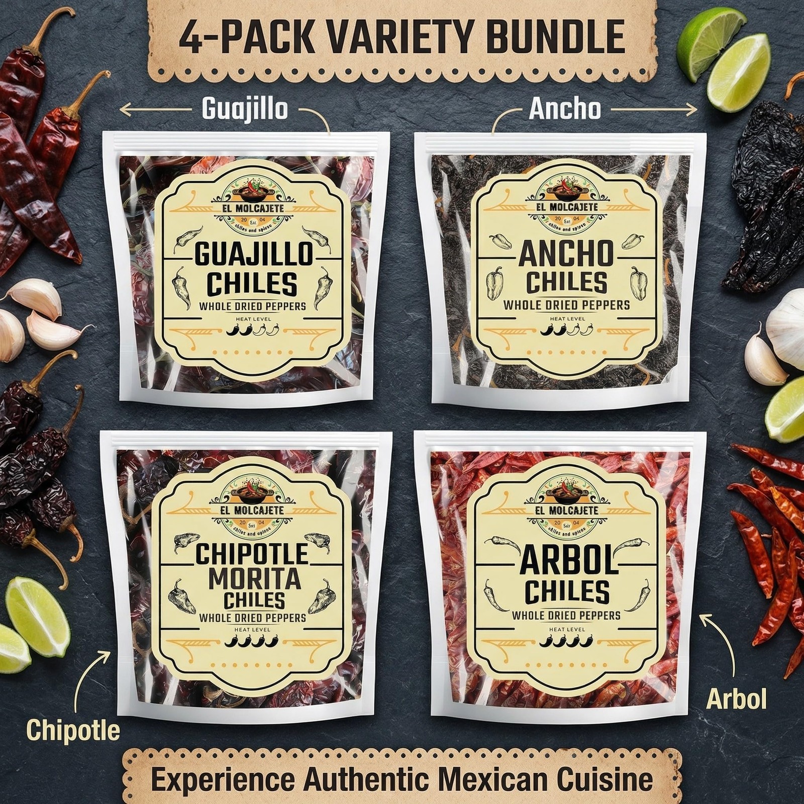 Dried Chile Pepper Variety Pack (4oz Each) – Whole Ancho, 4 Ounce (Pack of 4)