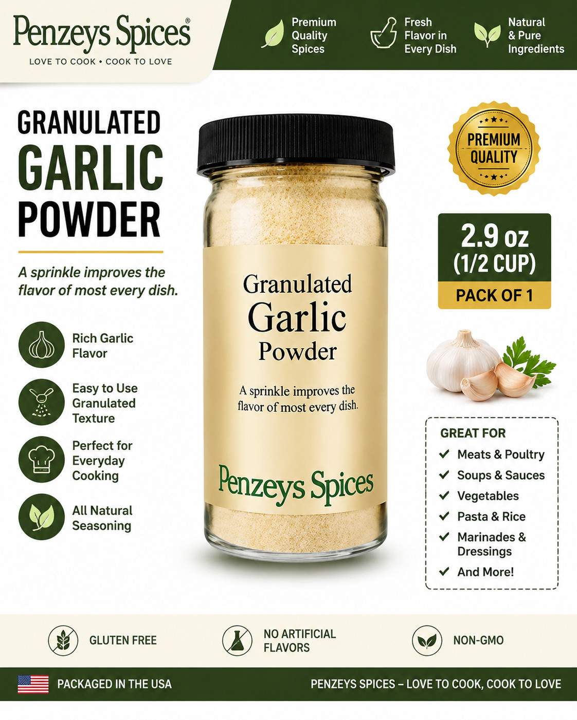 Penzeys Spices Granulated Garlic Powder 2.9 oz 1/2 Cup Jar Pack of 1 Fresh