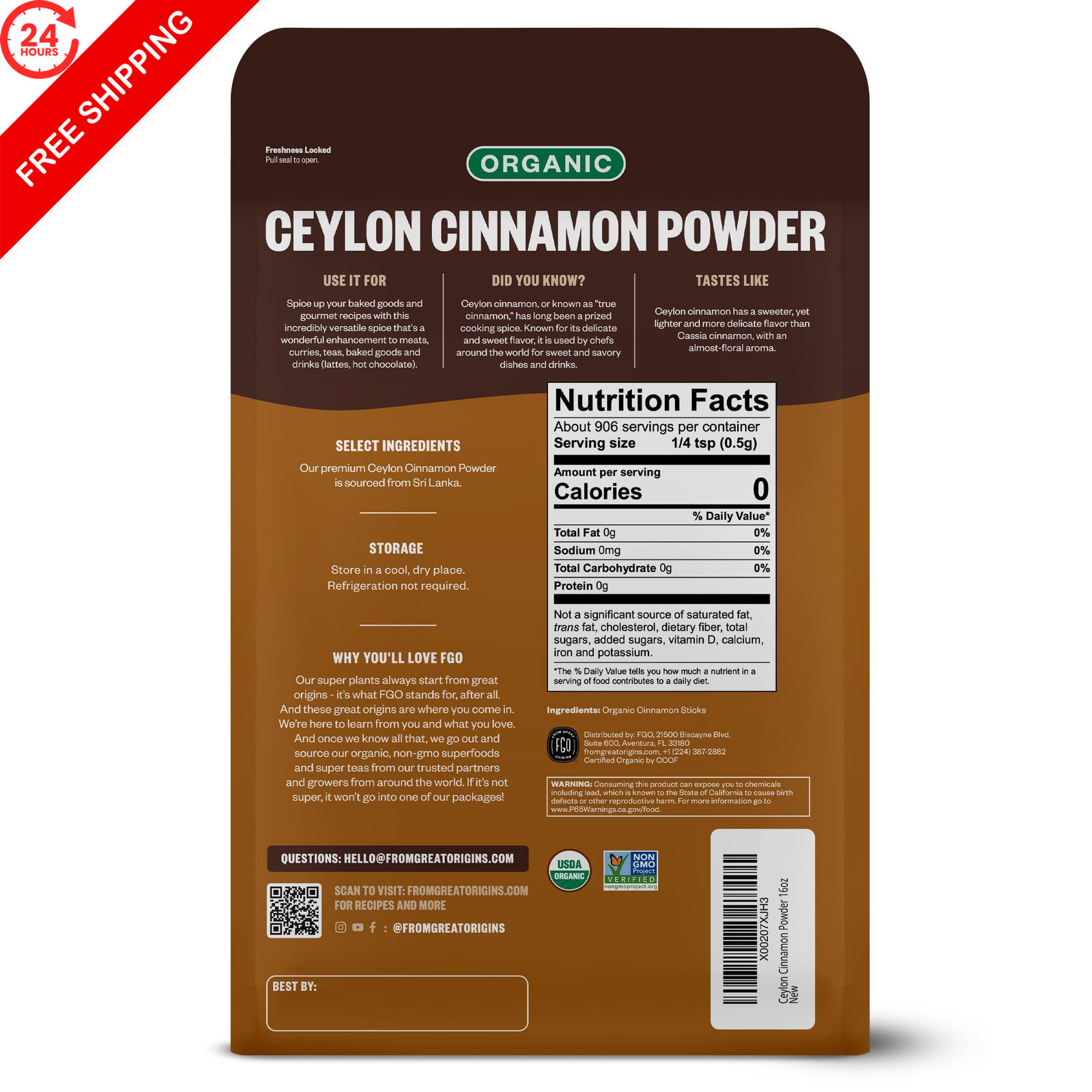 FGO Organic Ceylon Cinnamon Powder, 16oz Pure Sri Lanka 1 Pound (Pack of 1)
