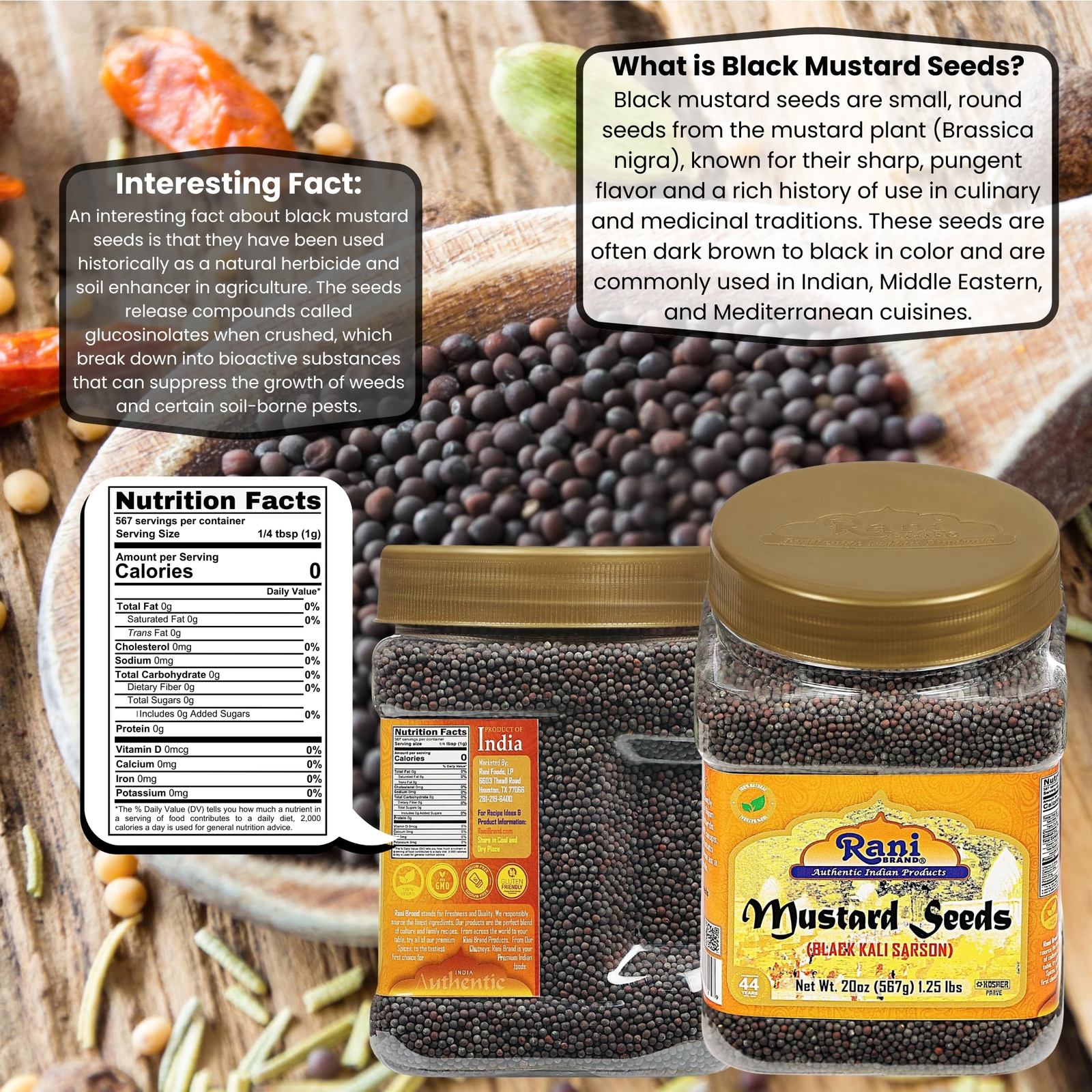 Rani Black Mustard Seeds Whole Spice (Kali Rai) 20oz (1.25lbs) 567g PET Jar
